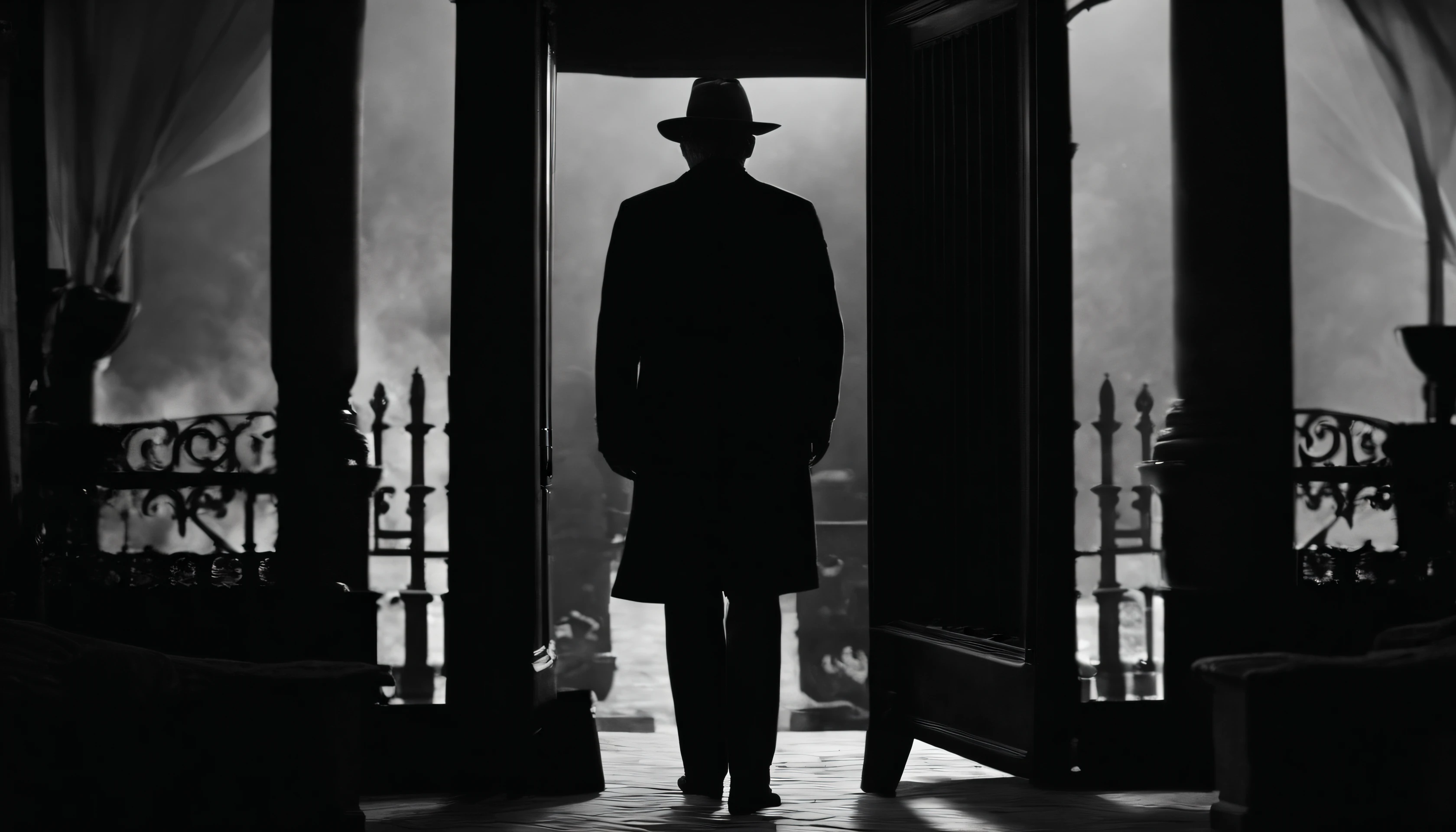 Descreva a cena em que um homem antigo, wearing a hat characteristic of his time, is standing before a door in the darkness. The surrounding environment is plunged into total darkness, exceto pela luz intensa que flui pela porta entreaberta. The smoke that spreads through the air creates a mysterious and ethereal atmosphere, adding a touch of antiquity and intrigue to the scene. Explore the man's emotions and facial expression as he faces this contrasting light and darkness, and describe how this image evokes a sense of suspense and curiosity, remembering times past and the stories he can keep, imagem preto e branco