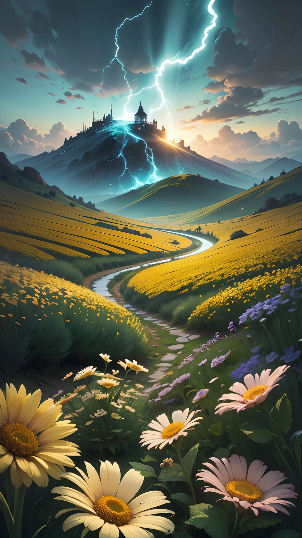 camomile field, cloudy, storm, highly detailed, beautiful scene, acrylic painting, trending on pixiv fanbox, palette knife and brush strokes, style of makoto shinkai jamie wyeth james gilleard edward hopper greg rutkowski studio ghibli genshin impact, Broken Glass effect, no background, stunning, something that even doesn't exist, mythical being, energy, molecular, textures, iridescent and luminescent scales, breathtaking beauty, pure perfection, divine presence, unforgettable, impressive, breathtaking beauty, Volumetric light, auras, rays, vivid colors reflects --auto --s2