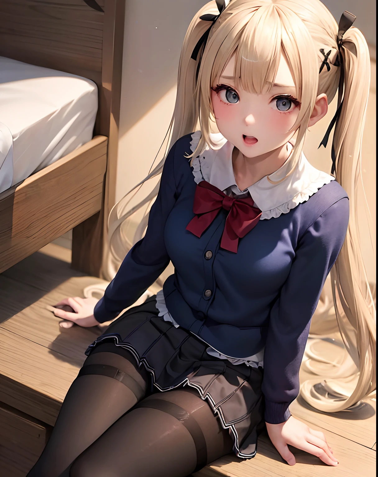 1girl in、独奏、Marie Rose、cowboy  shot、embarassed expression、Bedroom、((School Uniforms))、((pleatedskirt))、((pantyhose))、Sit up