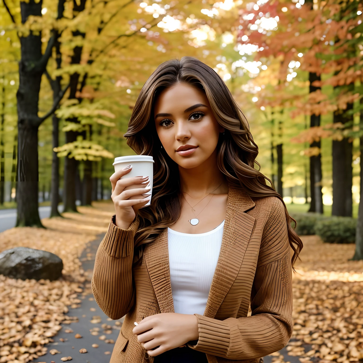 Generate full-body photography of Autumn, the stunning brunette influencer. She should appear in her mid-20s, approximately 5'4" tall, with long, wavy chestnut hair that falls gracefully on her shoulders. She has an athletic hourglass figure accentuated by her full bust. Her complexion should be flawless, with a warm, sun-kissed tan. Autumn's expressive brown eyes should radiate charisma, and she should have a relaxed and confident demeanor.For the 'Pumpkin Spice Personified' theme, Autumn should be dressed in a daring and spicy autumn-inspired outfit that reflects her playful personality. Think fashionable, bold, and confident with a dash of charm.The surroundings should exude a cozy autumn atmosphere, featuring elements like fallen leaves and soft, warm lighting, creating a backdrop that highlights Autumn's love for the season.Pose Autumn in a way that captures the essence of autumn and her spirited personality. She holds a coffee to go cup, adding a dash of spice to the photo and emphasizing her love for all things pumpkin spice.Intense look and makeup with autumnal colors, symmetrical eyes, symmetrical face, photorealistic, photography, path tracing, specular lighting, volumetric face light, path traced hair, visible shadows, intricate, elaborate, hyper-realistic.