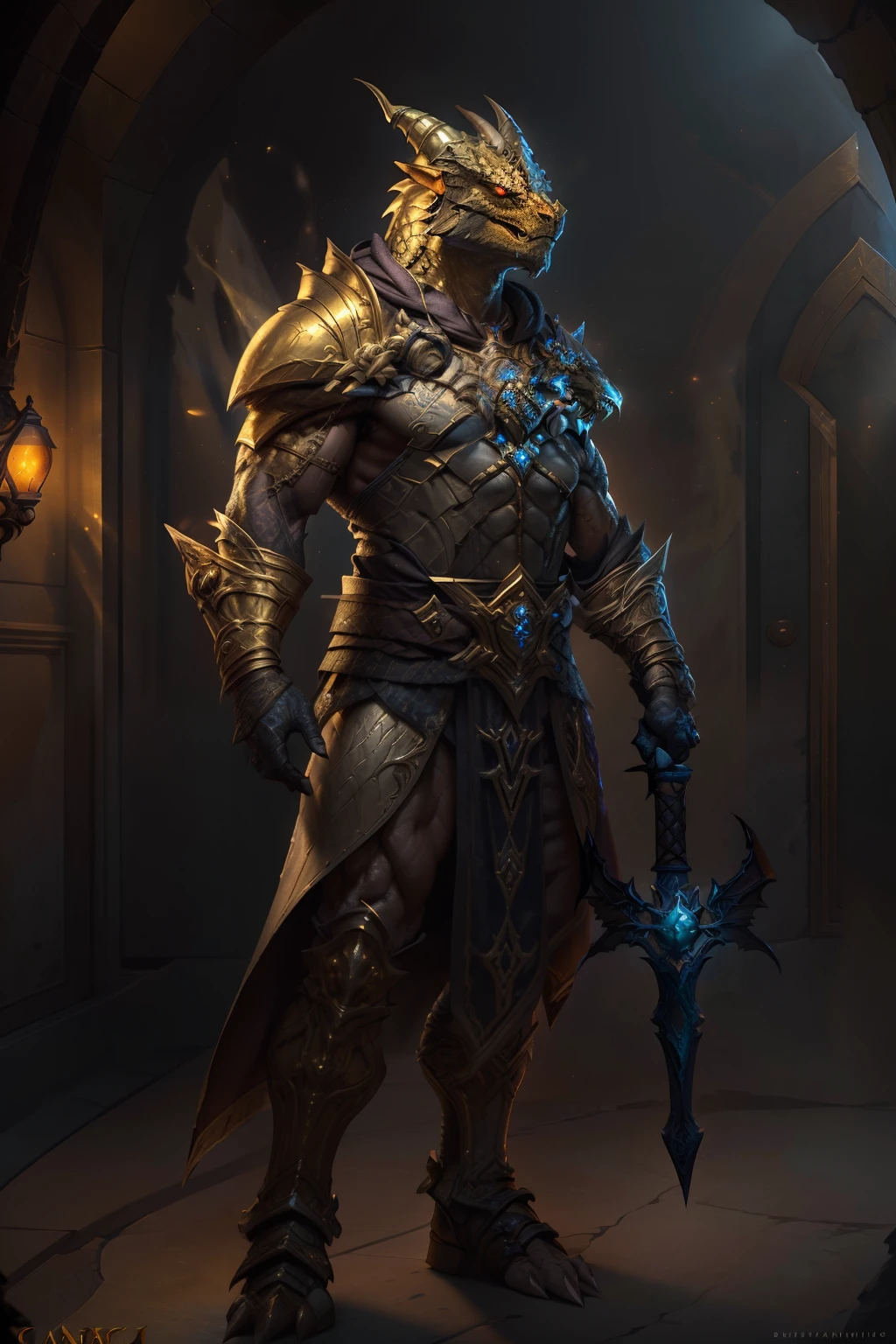 (best quality,ultra-detailed:1.2),golden dragonborn character,strong and muscular,standing alone,full body,armored,war hammer,gloves,horns,
# Additional details:
vibrant and intricate armor design,
glowing eyes,
battle scars,
detailed muscle definition,
fierce expression,
dynamic pose,
surrounded by a magical aura,
imposing presence,
# art-style:
fantasy,
character design,
high-fantasy role-playing game,
mythical creature,
# Material:
illustration,
digital painting,
highly-detailed 3D rendering,
fantasy concept art,
# Color tones:
rich and warm tones,
golden accents,
dramatic lighting,
# lamplight:
dramatic and dynamic lighting,
emphasizing the character's features and armor,
creating a sense of power and majesty.
