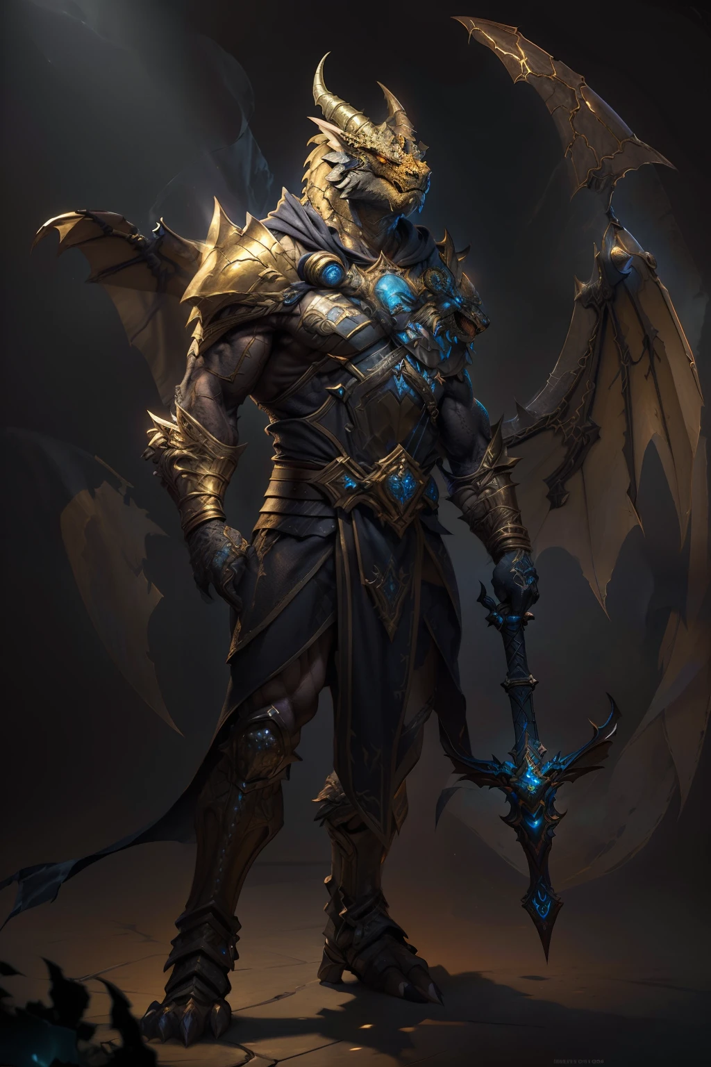 (best quality,ultra-detailed:1.2),golden dragonborn character,strong and muscular,standing alone,full body,armored,war hammer,gloves,horns,
# Additional details:
vibrant and intricate armor design,
glowing eyes,
battle scars,
detailed muscle definition,
fierce expression,
dynamic pose,
surrounded by a magical aura,
imposing presence,
# art-style:
fantasy,
character design,
high-fantasy role-playing game,
mythical creature,
# Material:
illustration,
digital painting,
highly-detailed 3D rendering,
fantasy concept art,
# Color tones:
rich and warm tones,
golden accents,
dramatic lighting,
# lamplight:
dramatic and dynamic lighting,
emphasizing the character's features and armor,
creating a sense of power and majesty.