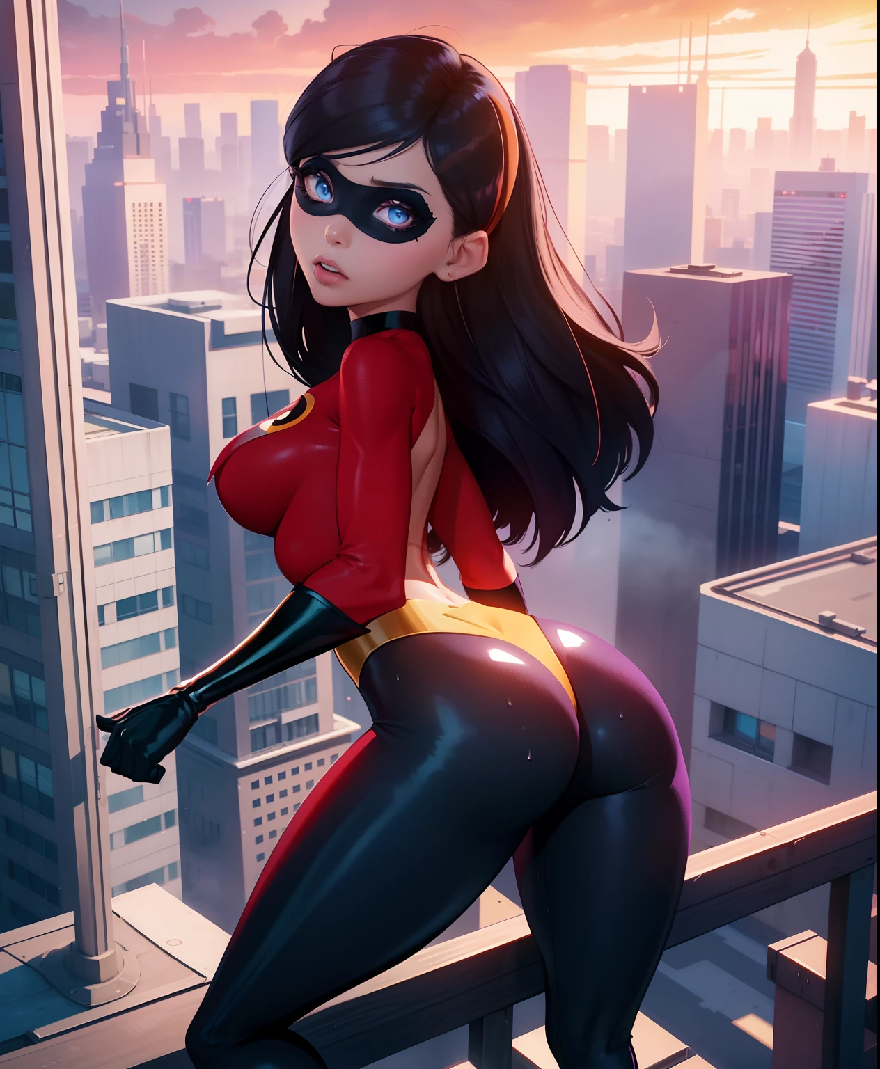best quality,realistic,detailed,portrait,girl,superhero,in action,with intense expression,striking eyes,shiny black hair,shapely legs,in a dynamic pose,with vibrant colors,with dramatic lighting,standing on a rooftop,cityscape in the background,with a sense of power and confidence, Violet parr, goth make up on, NSFW, ass bigger then torso, curvy, small breast, beautiful face, in a sexy pose, wet, bubble butt, thick, curvy, only pants on, filler lips, bimbo,