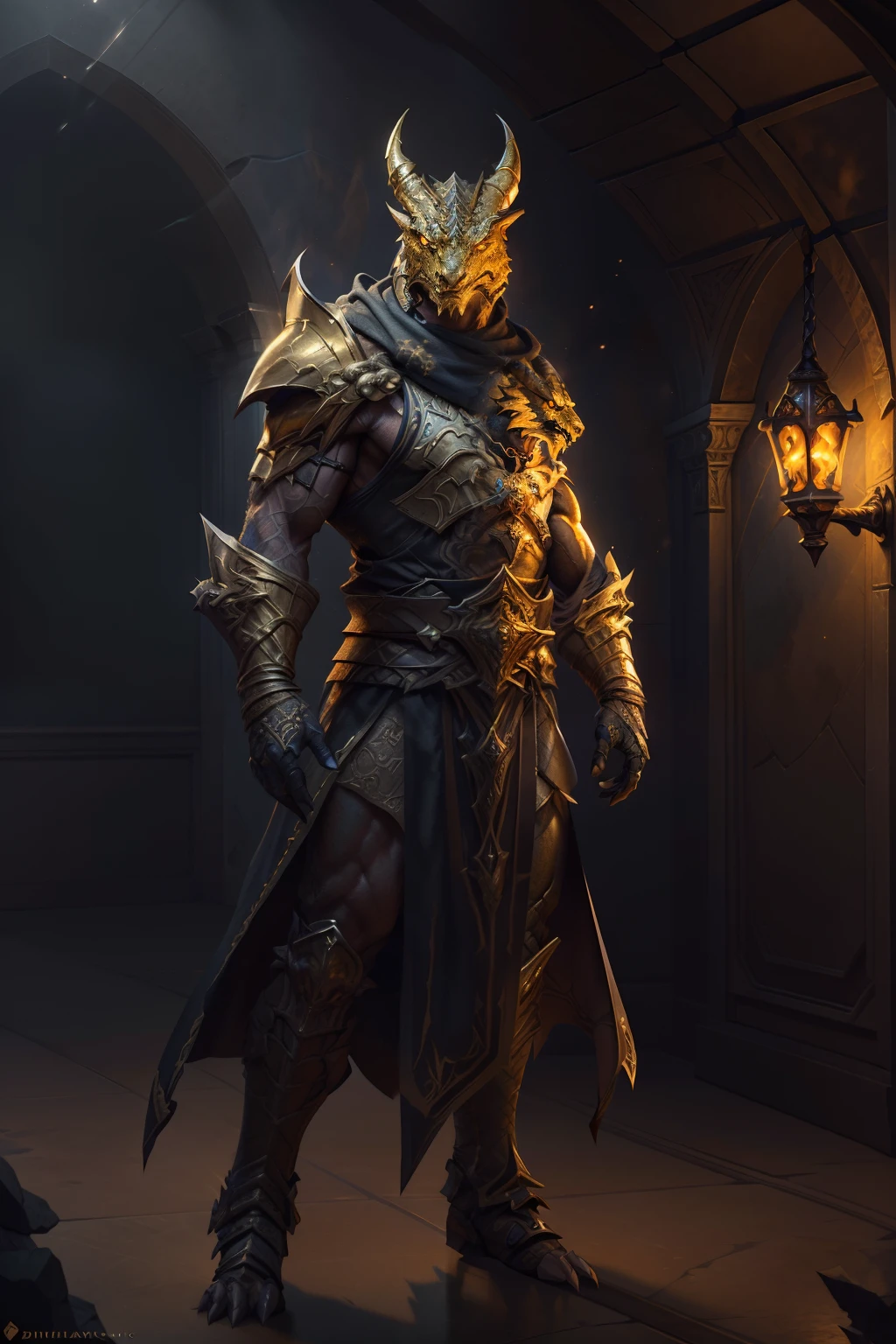 One (full body: 1.3) shot with 8k resolution, splash art, fantastic comic book style, photorealistic, intense visual, anatomical portrait of photorealistic digital painting of a young man: 1.3) human (warrior: 1.3) in intricate black and gold (heavy armor: 1.3) in one (dark and temperamental universe: 1.3), light particle, very detailed skin, samurai, very detailed eyes, (Elden Ring style: 1.3), (Warhammer style: 1.1), conceptual artist, global lighting, depth of field, splash art, art by Artgerm and Greg Rutkowski and Viktoria Gavrilenko
