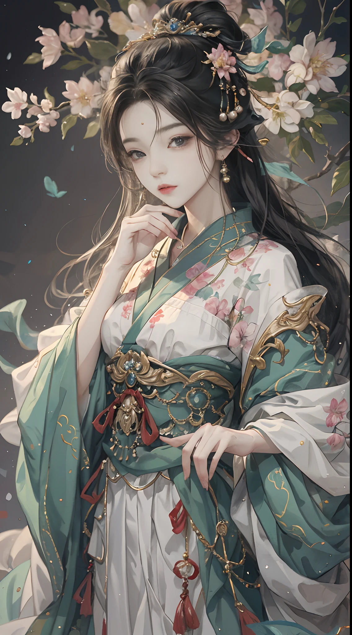 Original,(illustratio:1.1),(best qualtiy),(tmasterpiece:1.1),(the Extremely Detailed CG Unity 8K Wallpapers),(a color:1.2),1 Plum Blossom God,goddes,,ancient costume,Hanfu,best qualtiy,Extremely detailed jewelry,Plum petals,scenecy,rios|Wagas,