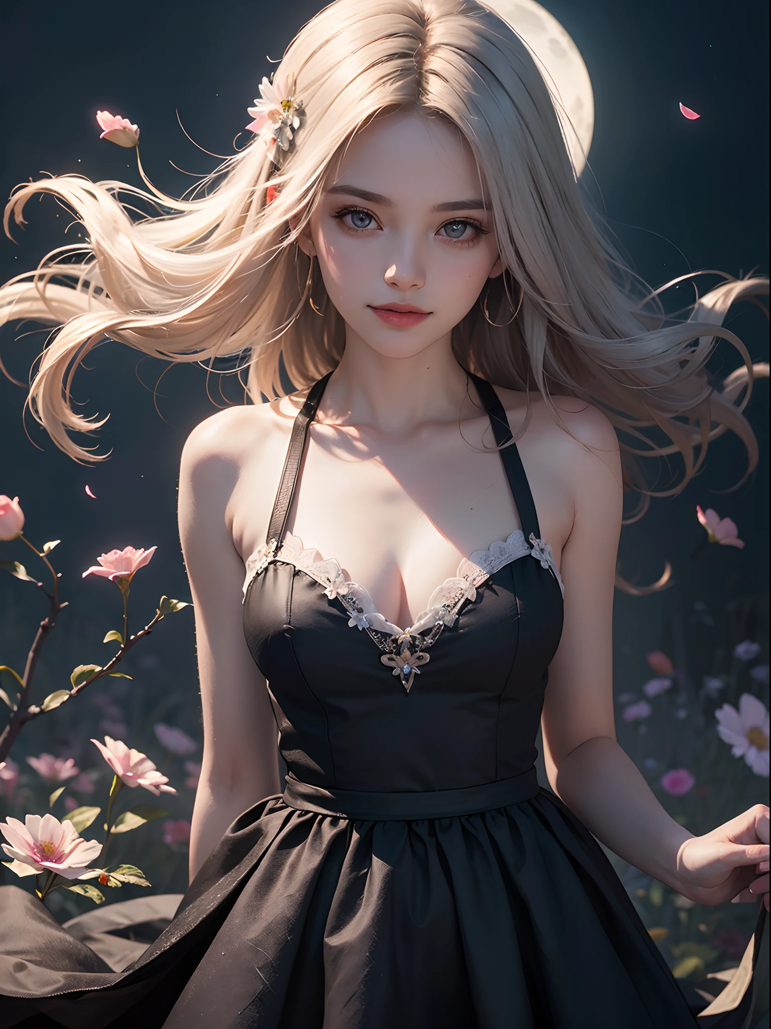 Unbeatable masterpiece, Ultra photo realsisim , Perfect artwork , Intricate details , Best quality , Strong light , High contrast , Dynamic pose , Dutch angle , ((Depth of field:1.8)) , 1 girl, (Colorful), (Delicate eyes and face), volumatic light, Ray tracing, Bust Up Shot, Extremely detailed Cg Unity 8K wallpaper, Solo, Smile, Intricate skirt, ((flying petal)), (Flowers meadow) sky, Cloudy_sky, Moonlight, Moon, Night, (Dark theme:1.3), Light, fantasy, ventania, magic sparks, dark castle, White hair