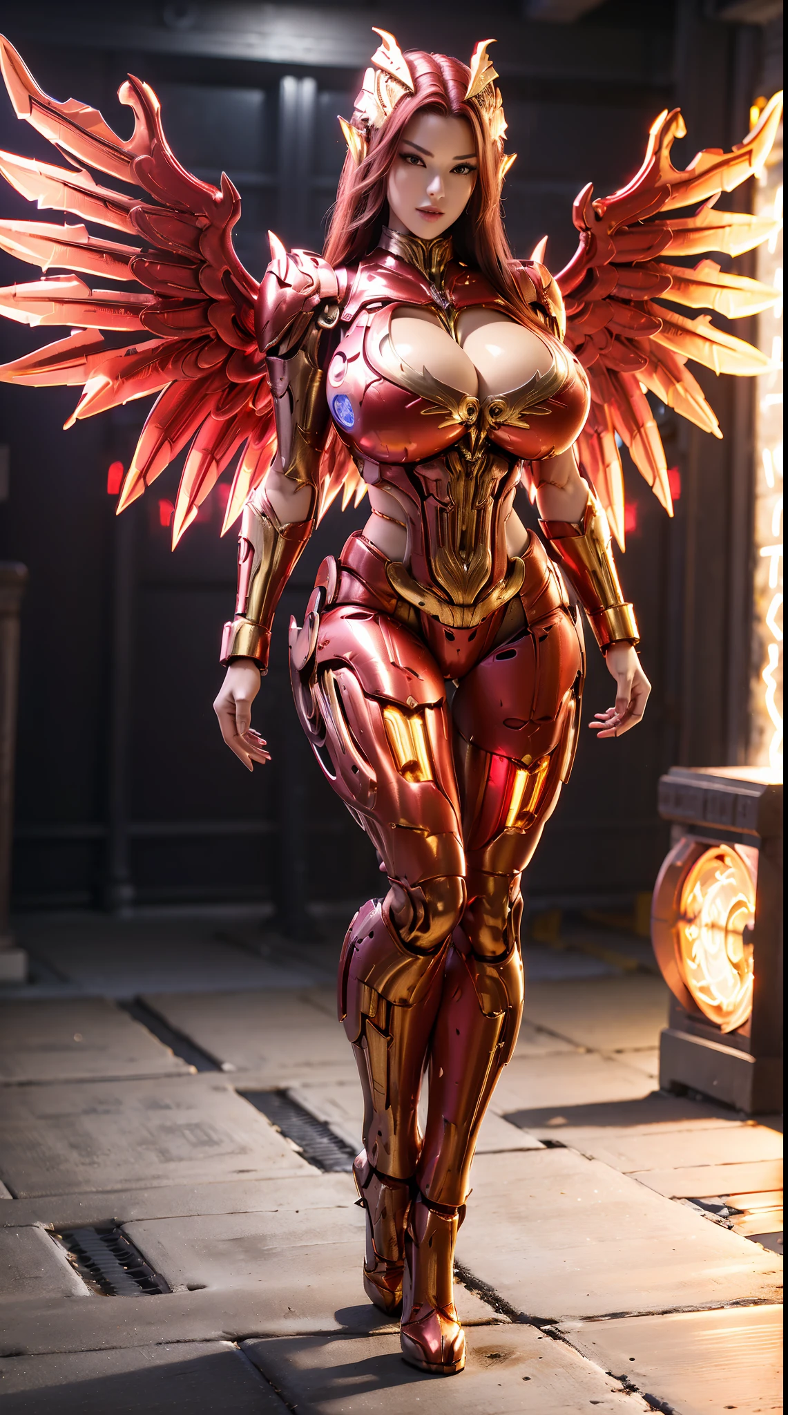 (PHOENIX HEAD), HUGE FAKE BOOBS, (BEAUTIFUL FACE), (RED, GOLD), (((A PAIR OF HUGE MECHANICAL WINGS SPREAD OUT))), FUTURISTIC PHOENIX MECHA SUIT, (CLEAVAGE), (SKINTIGHT YOGA PANTS), (HIGH HEELS), (PERFECT BODY:1.2), (FULL BODY VIEW), FRONT, (WALKING DOWN:1), SEXY BODY, MUSCLE ABS, UHD, 8K, 1080P.
