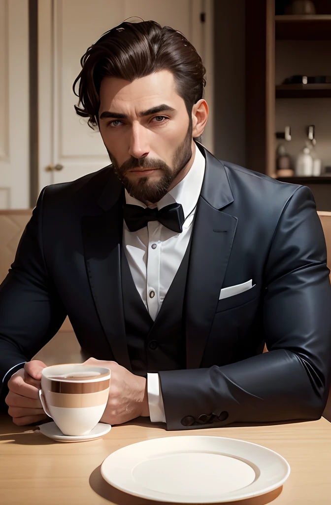 homem visonario realista terno e gravata tomando cafe em uma mesa pronto pra conversar modificar os olhos