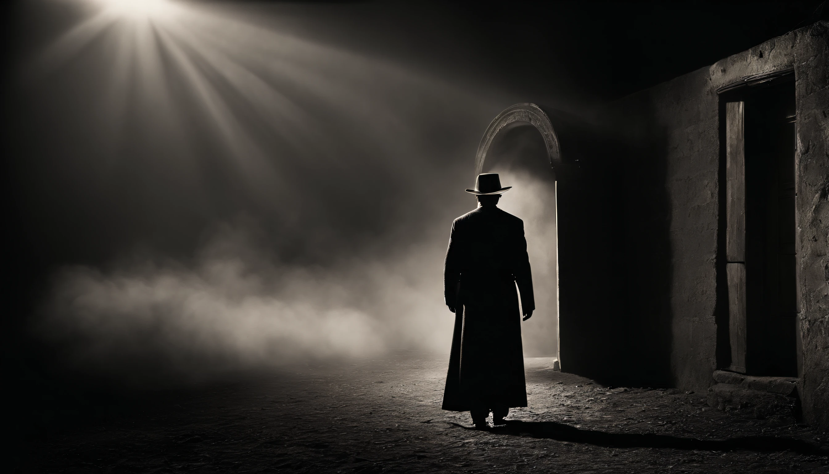 Descreva a cena em que um homem antigo, wearing a hat characteristic of his time, is standing before a door in the darkness. The surrounding environment is plunged into total darkness, exceto pela luz intensa que flui pela porta entreaberta. The smoke that spreads through the air creates a mysterious and ethereal atmosphere, adding a touch of antiquity and intrigue to the scene. Explore the man's emotions and facial expression as he faces this contrasting light and darkness, and describe how this image evokes a sense of suspense and curiosity, remembering times past and the stories he can keep, imagem preto e branco