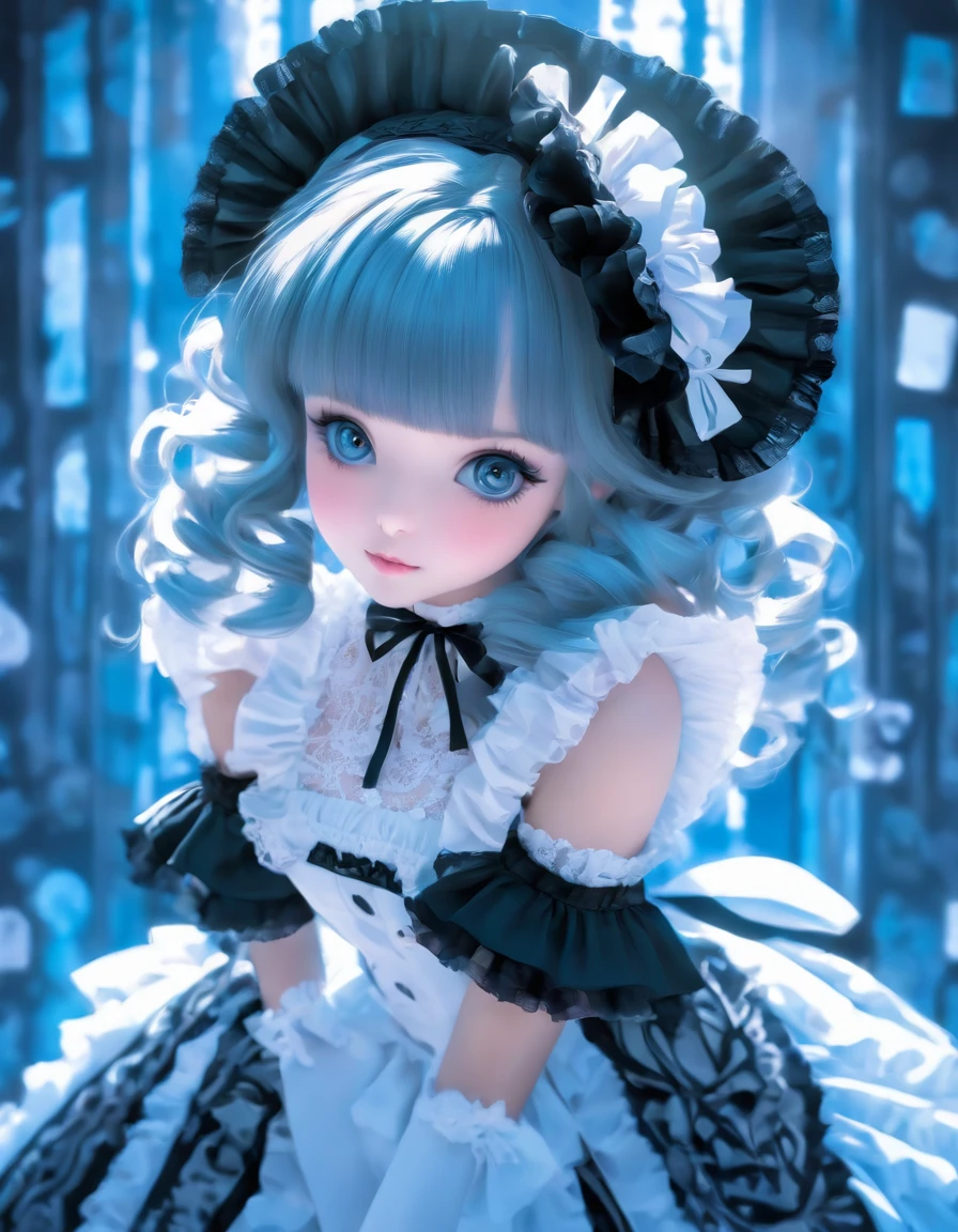 Costume planning theme Halloween, classic lolita, Black-white details, Full body front design, hime lolita girl, loli, lolita dress with frill and lace, (black, white, blue pallette color: 1.3)