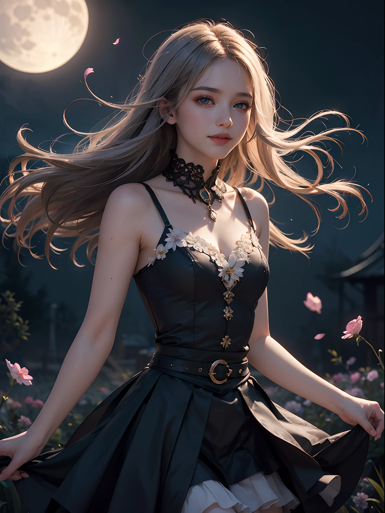 Unbeatable masterpiece, Ultra photo realsisim , Perfect artwork , Intricate details , Best quality , Strong light , High contrast , Dynamic pose , Dutch angle , ((Depth of field:1.8)) , 1 girl, (Colorful), (Delicate eyes and face), volumatic light, Ray tracing, Bust Up Shot, Extremely detailed Cg Unity 8K wallpaper, Solo, Smile, Intricate skirt, ((flying petal)), (Flowers meadow) sky, Cloudy_sky, Moonlight, Moon, Night, (Dark theme:1.3), Light, fantasy, ventania, magic sparks, dark castle, White hair