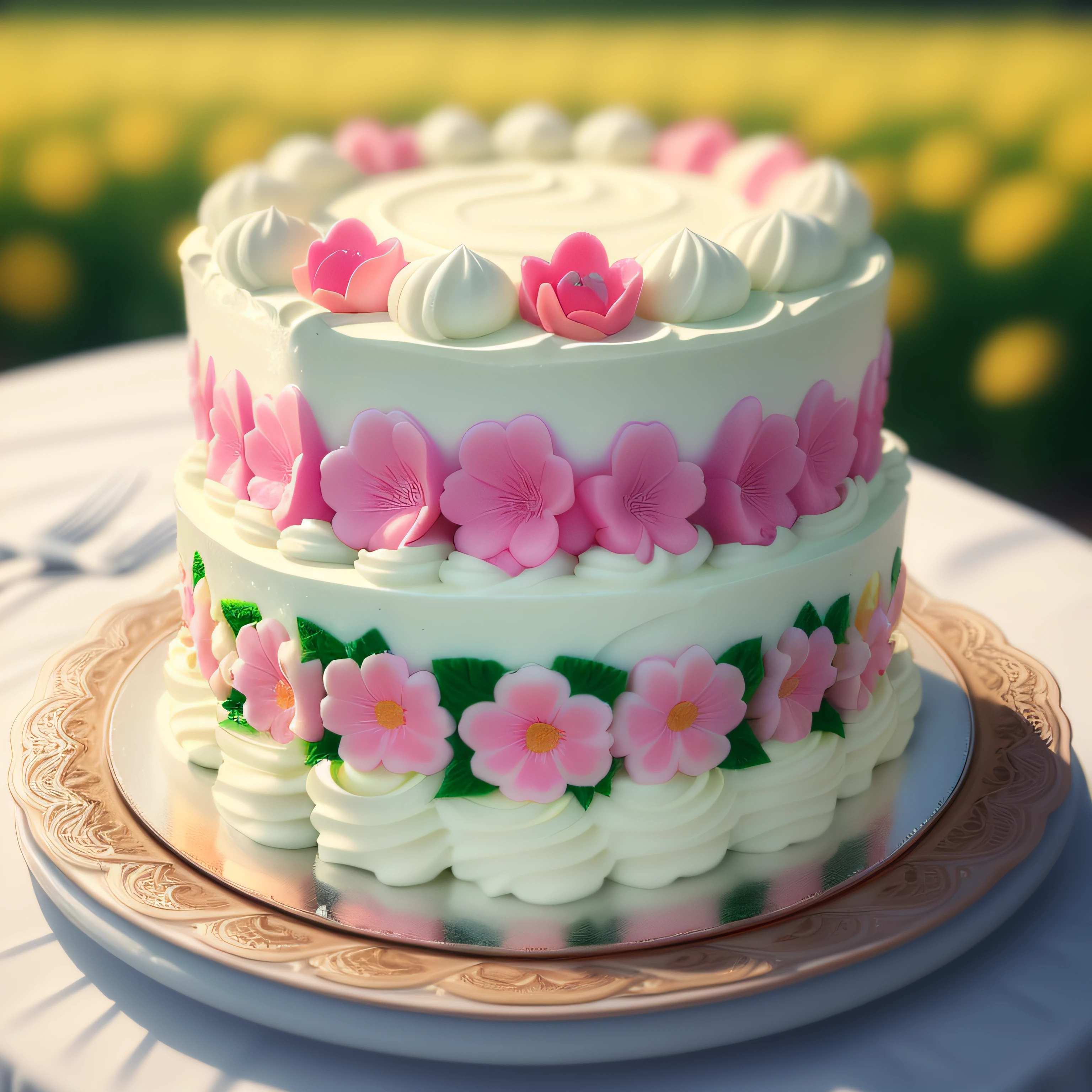 (raw photo), masterpiece, high quality, best quality, spring themed cake with cream on a plate, full cake, colorful cake, foodphoto, blurred background, full view, 8k, excellent quality.