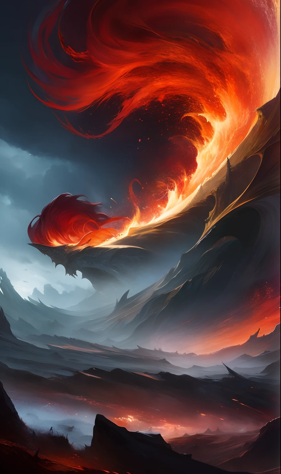 (starsky), with Heroic dark figure with short brownish  red hair and freckles with cloak flowing in the wind with massive with swirls of beautiful chaos behind him