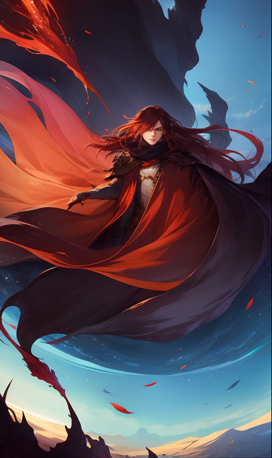 (starsky), with Heroic dark figure with short brownish  red hair and freckles with cloak flowing in the wind with massive with swirls of beautiful chaos behind him