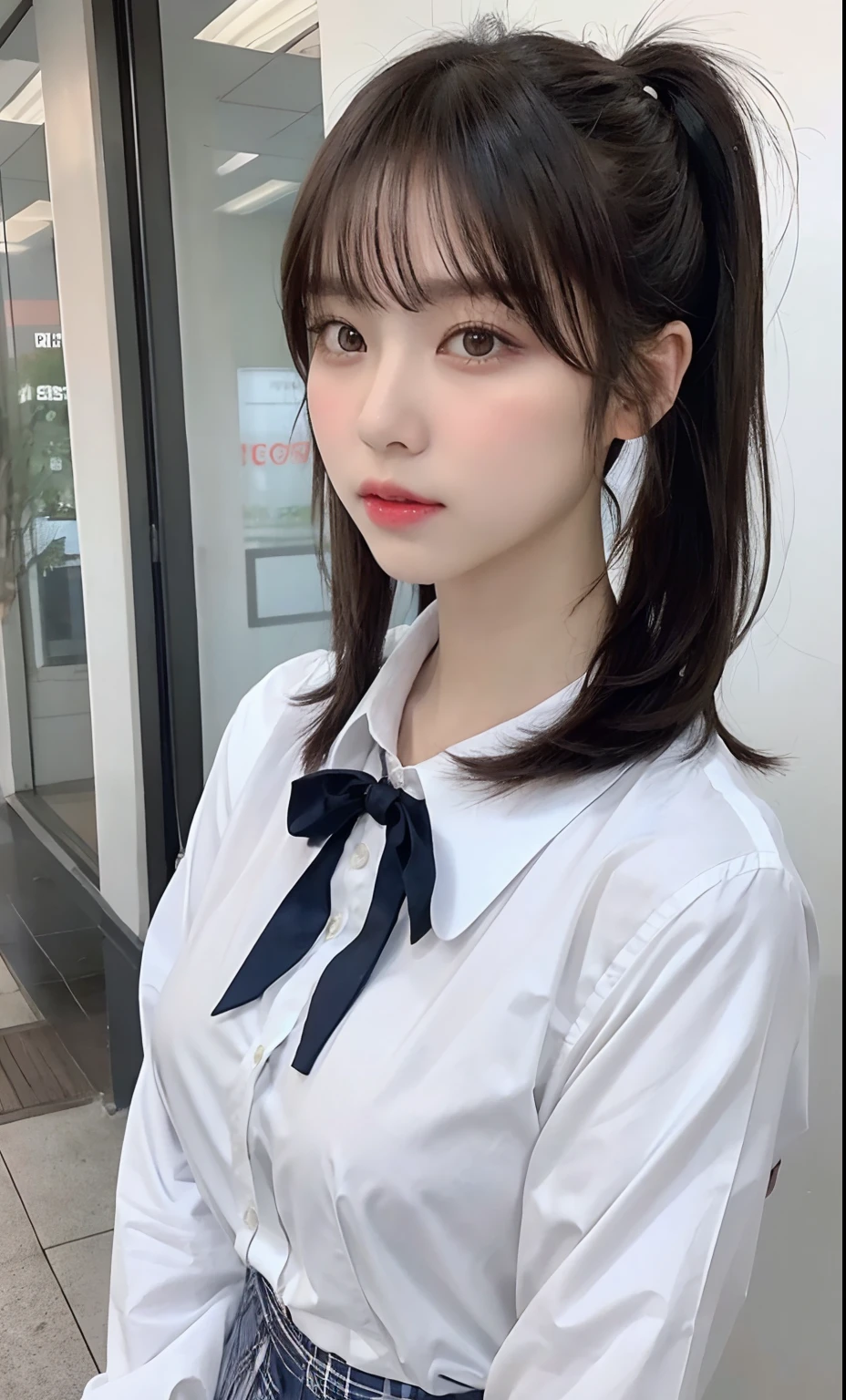 Japan woman in high school uniform、dirk brown colored hair、(tiny chest:0.75)、(((areolae slip)))、((puffy niples))、Cleavage mole、valley、japanaese girl、beautiful japanese female、Gorgeous young Korean woman、beautiful young  japanese woman、Asian girl with long hair、Young adorable Japan face、Portrait of a female Japan idol、Women in Japan、poneyTail、Popular Korean Makeup、 Cityscape, natta, (8K, Raw photography, top-quality, ​masterpiece: 1.45), (NSFW:1.25), ulzzangs, ulzzang -6500-v1.1, pureerosface_v1,