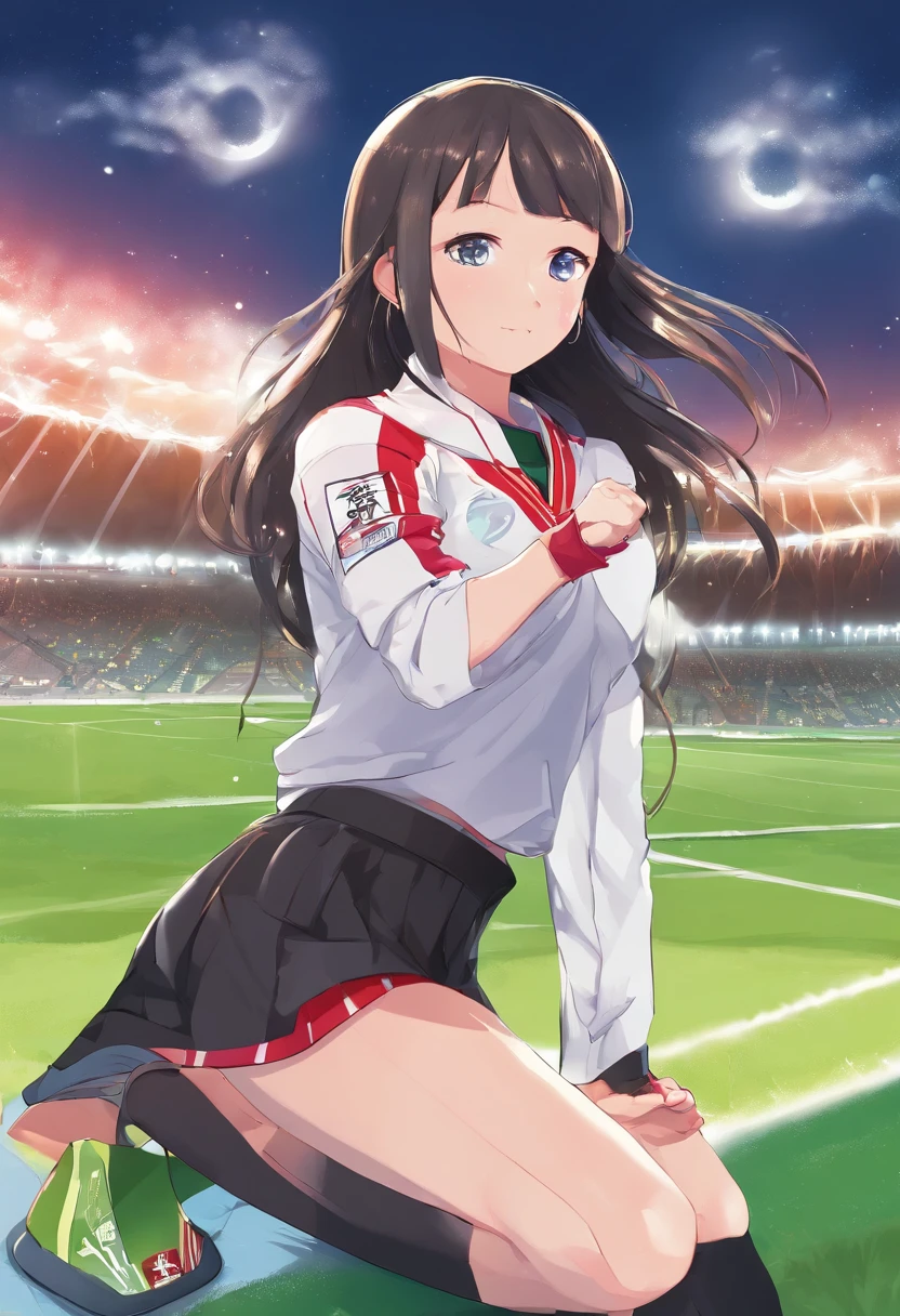 (Kaguya personaje ficticio del anime Kaguya sama solve is war) , 1 mujer, trotando,jugando futbol, Easy concentration expression, ropa de futbol blanca, muslos grandes, pechos grandes, sudor, cabello mojado, (estadio fondo de pantalla CG 8k extremadamente detallado), la mejor calidad, solo, 1girl, cinematography lighting, fondo detallado de estadio de futbol, hermosos ojos detallados, pupilas brillantes, (un extremadamente delicado y hermoso), (Description of Eyes beautiful and detailed), ((ultra detallado, obra maestra,))