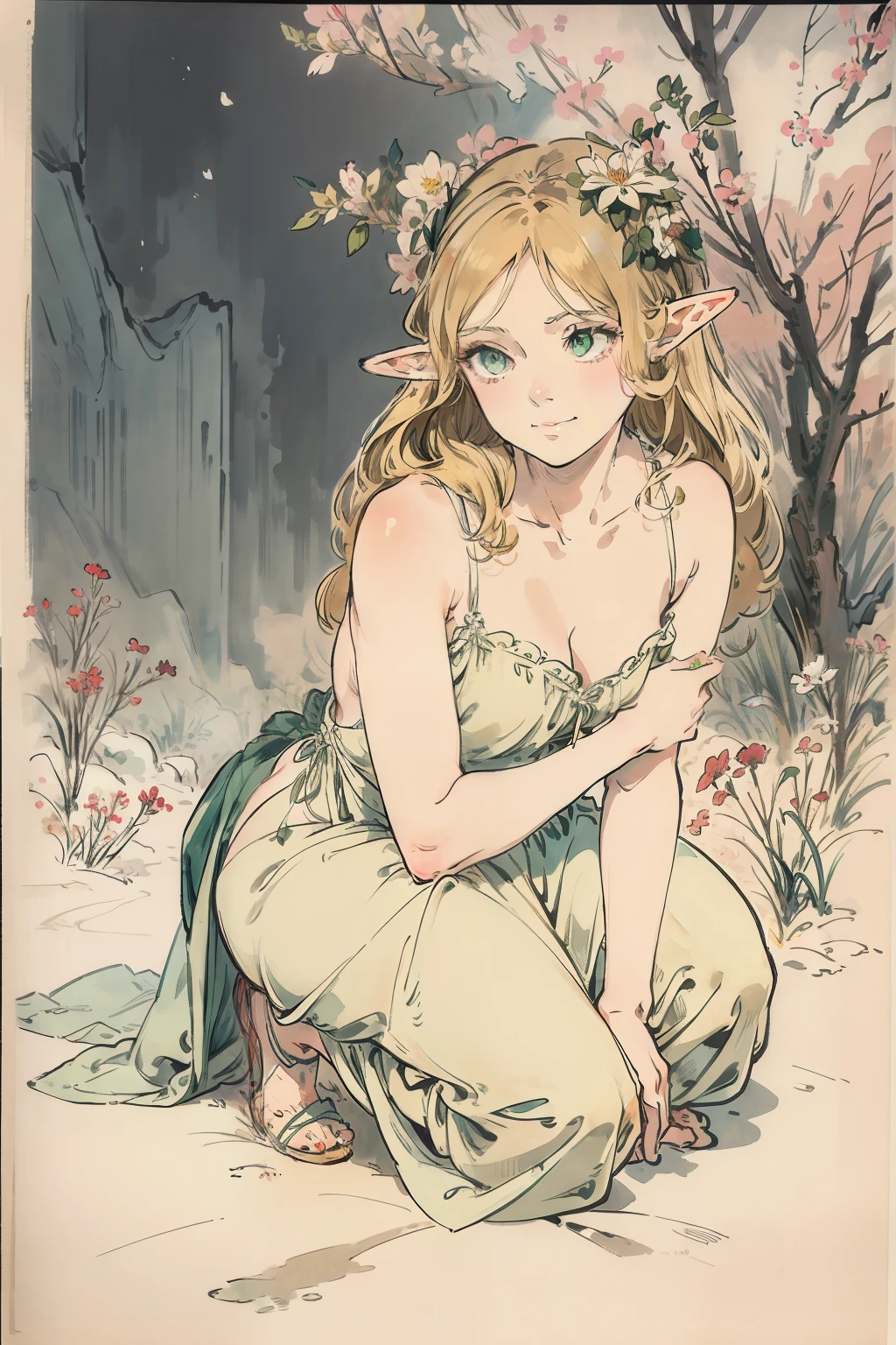 SFW,masutepiece, Best Quality, High resolution, 1girl in, Full body, Details Girl, detail hands, Detail fingers, Detail Face, detail legs, 1girl in, elf, Looking down, Flower Garden, Black sky, smog, watercolor paiting, pale skin, Petite, Blonde hair, Long hair, Wavy Hair, saddened, mournful smile, Green eyes, tareme, medium breasts, white sundress, Bare back, Kneeling, Planting trees