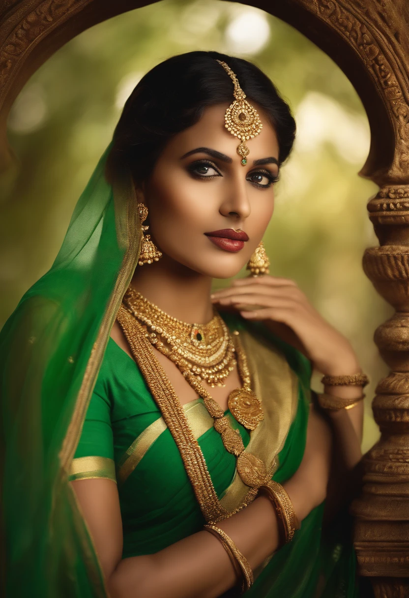 a woman in a green sari and gold jewelry, traditional beauty, very beautiful girl, indian goddess, very beautiful woman, beautiful model, gorgeous woman, gorgeous beautiful woman, beautiful goddess, indian style, indian girl with brown skin, a beautiful young woman, inspired by Raja Ravi Varma, very beautiful elven top model, very attractive and beautiful, sexy girl with dark complexion