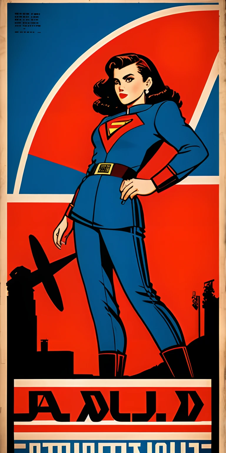 Poster americano segunda guerra mundial, estilo John Buscema ((Cartaz CCCP, Soviet poster)) (A woman with medium-sized dark hair in superhero outfit) propaganda Cartaz, cartaz, Blue sky with fighter jet, hero uniform, 1girl, solo, bom corpo, design de cartaz, estilo de arte poster. Anos 1980, 1950, 1960, 1940, Basic color scheme, cartaz muito colorido, arte colorida, terceira regra, inspirador, mulher, 1 menina madura, cabelo soprando ao vento, olhando para o espectador, revolutionary, fundo quadrado vermelho e azul, pernas grossas, olhos verdes