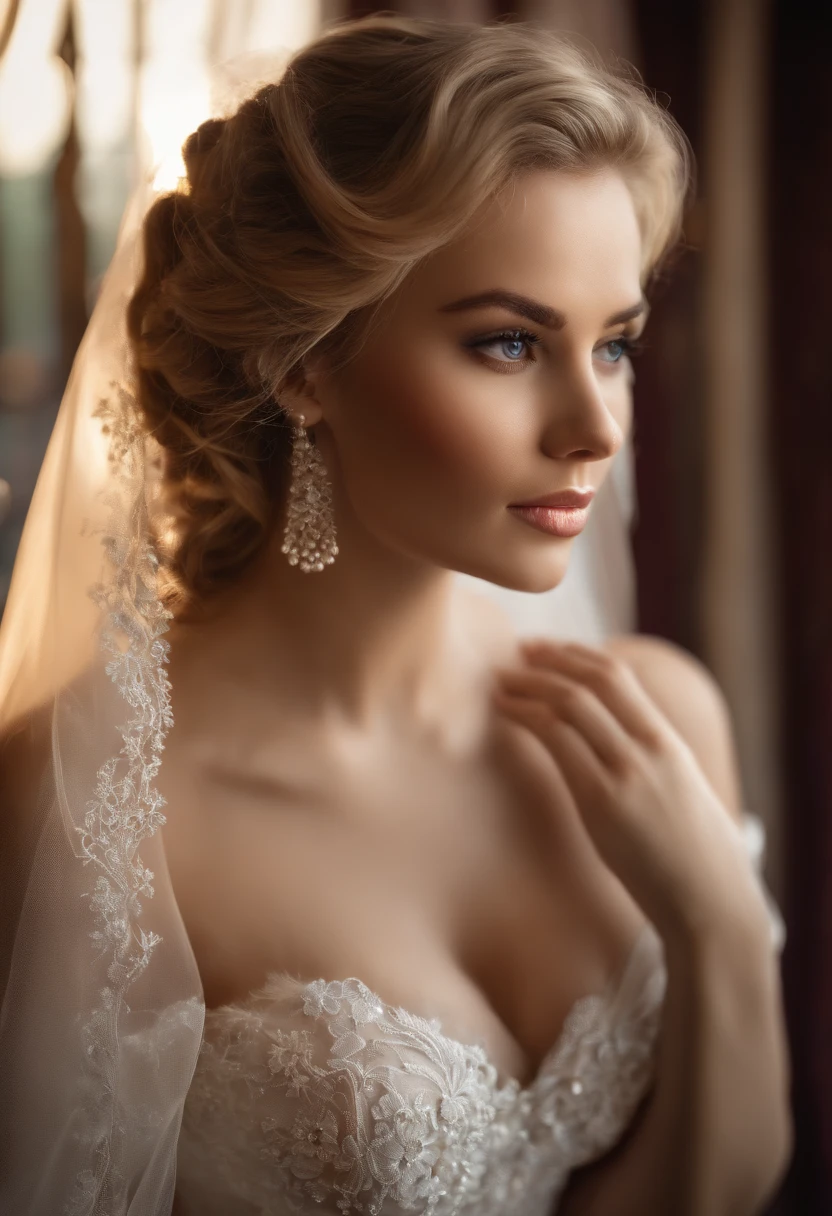 (Masterpiece), best quality, highest quality, highly detailed CG unity 8k wallpaper, original, high resolution, (depth of field: 1.5), fidelity: 1.3, huge breasts, bride portrait style, 1 girl, curtains, veil , bridal veil, wedding dress, curtains, jewelry, solo, earrings, teeth, bride, blonde hair, black see through lace lingerie