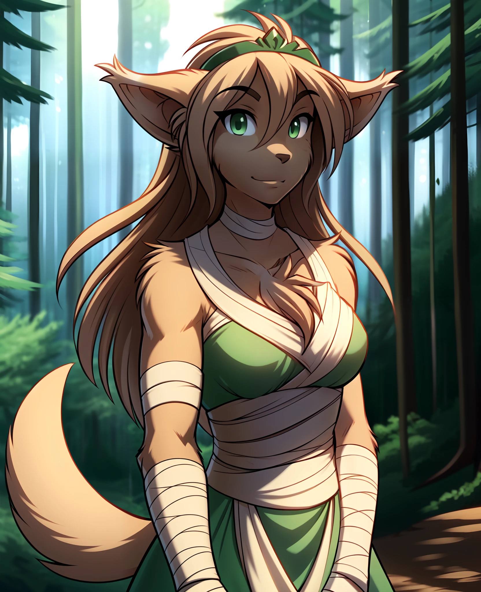 Jade Adelaide, Adelaide, King Adelaide, twokids, (best quality, masterpiece:1), solo, furry female anthro, green eyes, wraps chest, arm wraps, long hair, light brown hair, portrait, fingers, finger claws, looking at viewer, tail, strong, (outdoors dark forest trees blurry blurred background:1.1)