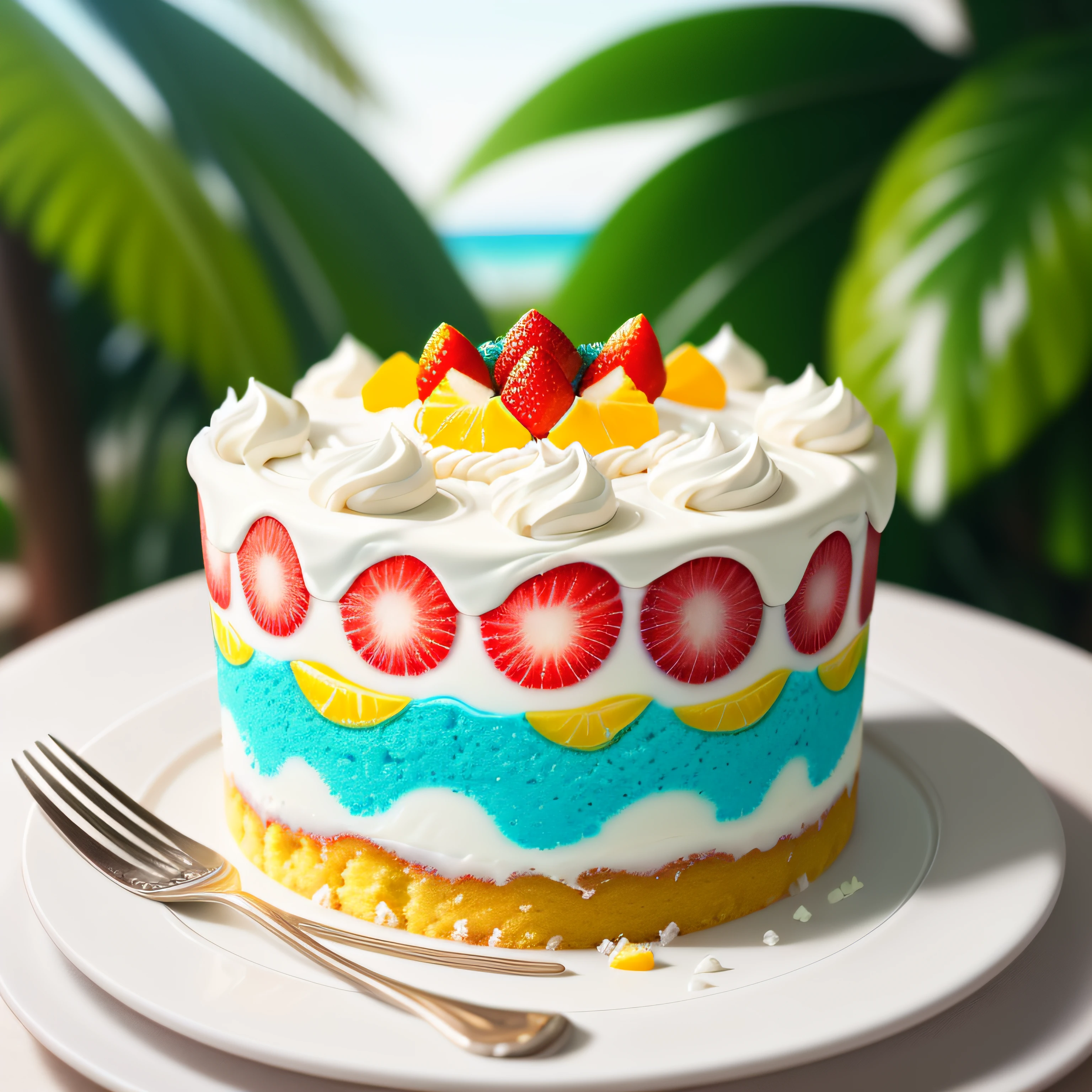 (raw photo), masterpiece, high quality, best quality, tropical themed cake with cream on a plate, full cake, colorful cake, foodphoto, blurred background, full view, 8k, excellent quality.