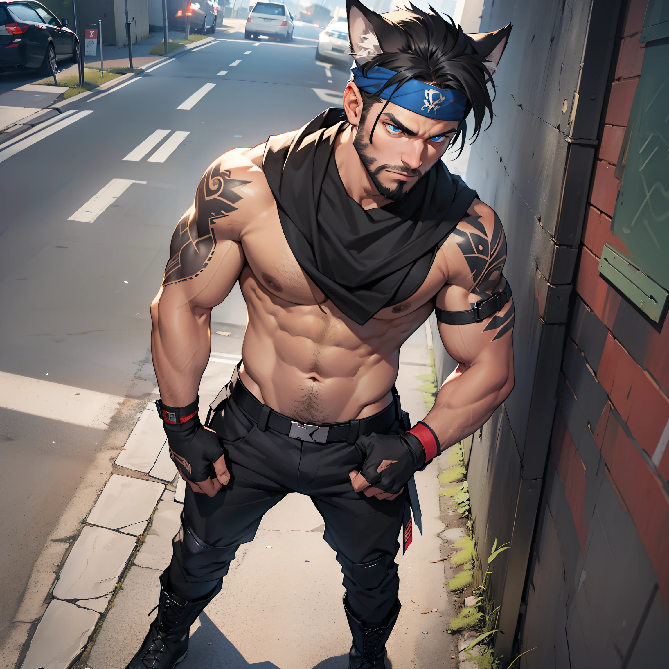 military man ((black military boots)), full body shot, viewed from above, masculine male with short beard looking dangerous, ((he is on the move hunting for someone)), bad boy, body hair, ((dark tanned skin)), bulge, short cropped white hair, has wolf ears, has wolf tail, domineering pose, urban punk environment, wearing skintight black pants, sagging low on his hips, solo, alone, has glowing blue eyes, covered in tattoos, wearing bandana wrist bands, wearing fingerless gloves, muscular thighs