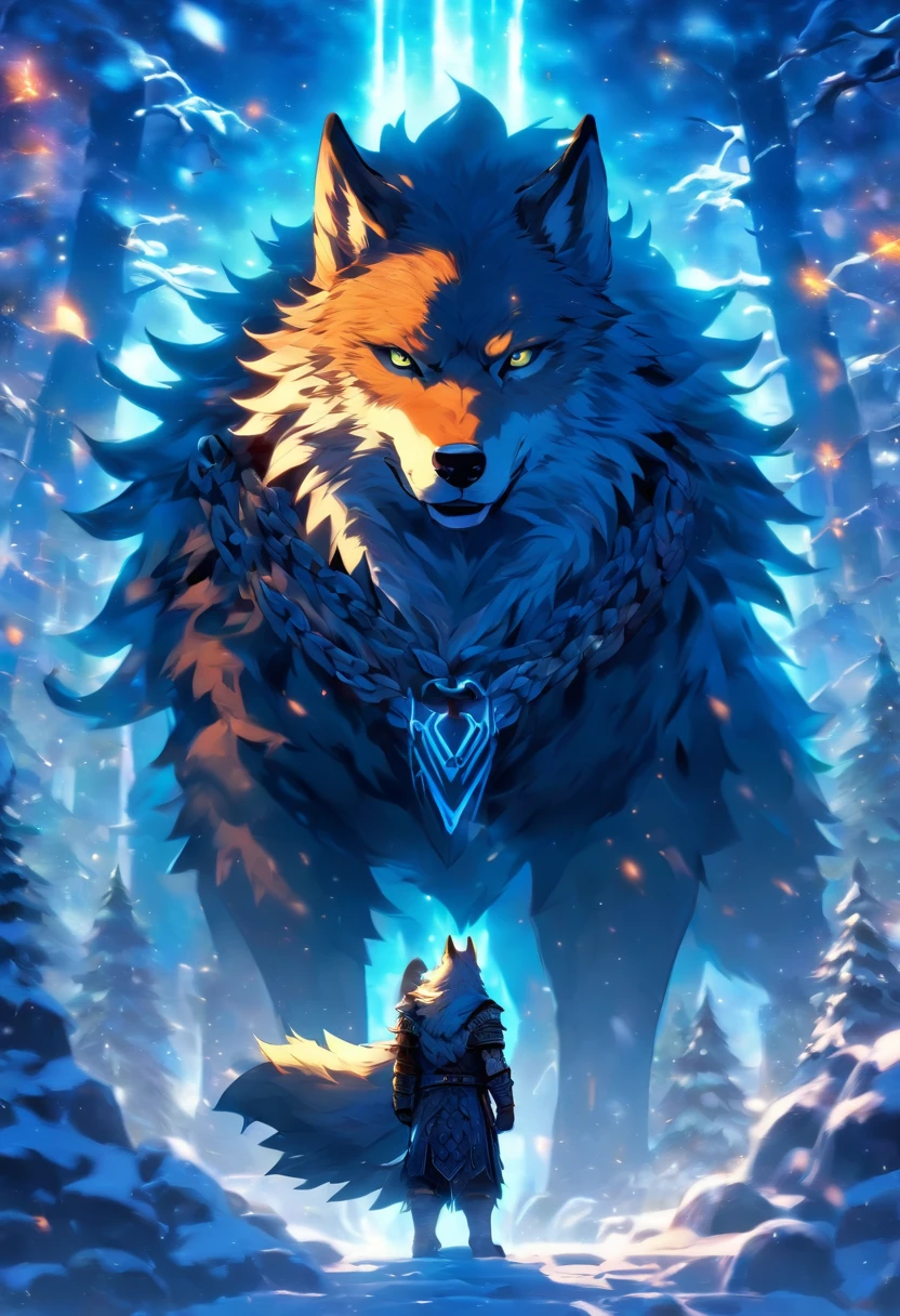 the best quality, very high resolution, 4K detailed CG, masterpiece, Fenrir, Giant Wolf, ragnarok, Wolf, chains, iron gaze, snow, tall trees, asgard palace, Norse mythology, Vikings, beautiful aesthetics, beautiful image, centered on the screen