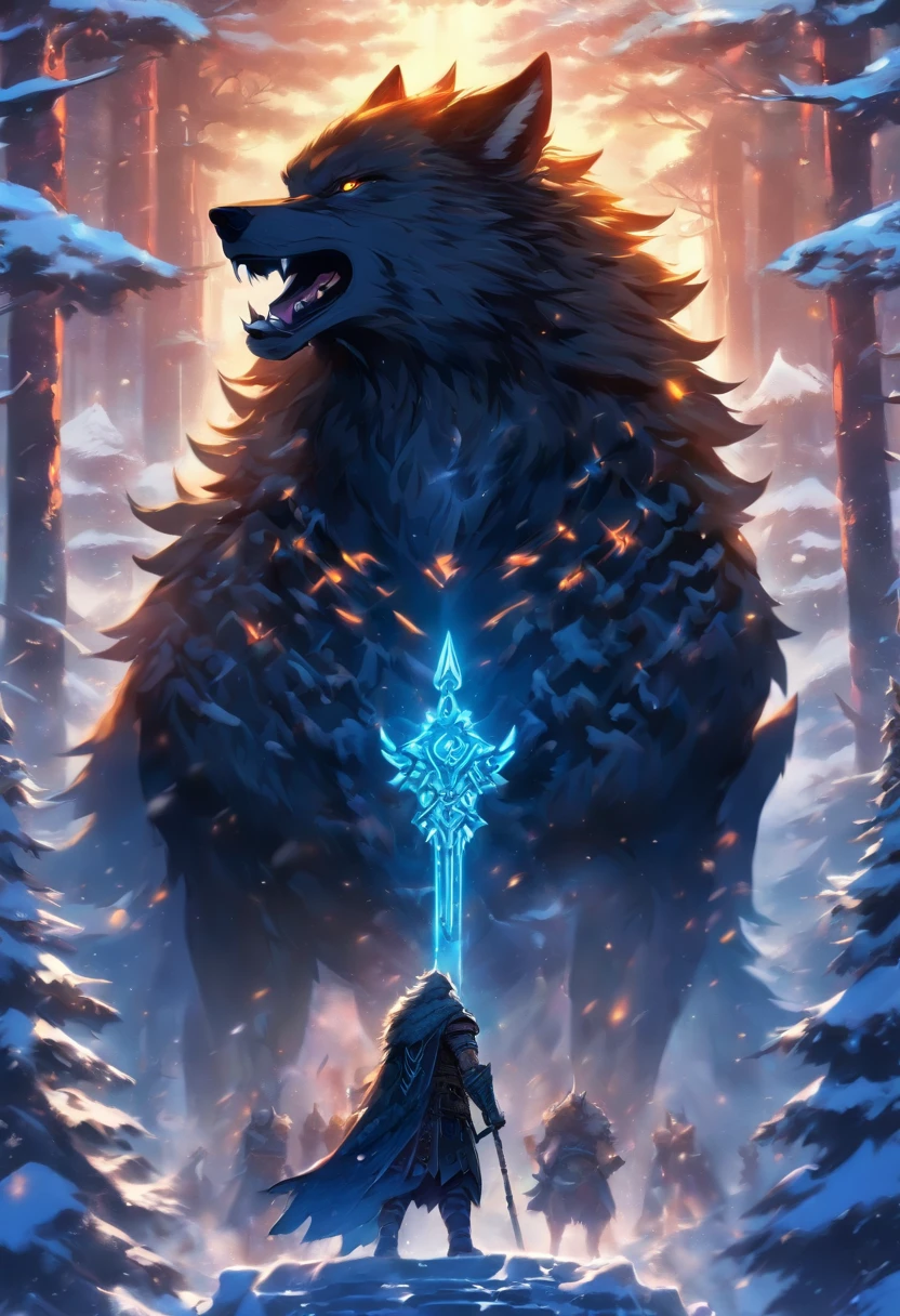 the best quality, very high resolution, 4K detailed CG, masterpiece, Fenrir, Giant Wolf, ragnarok, Wolf, chains, iron gaze, snow, tall trees, asgard palace, Norse mythology, Vikings, beautiful aesthetics, beautiful image, centered on the screen