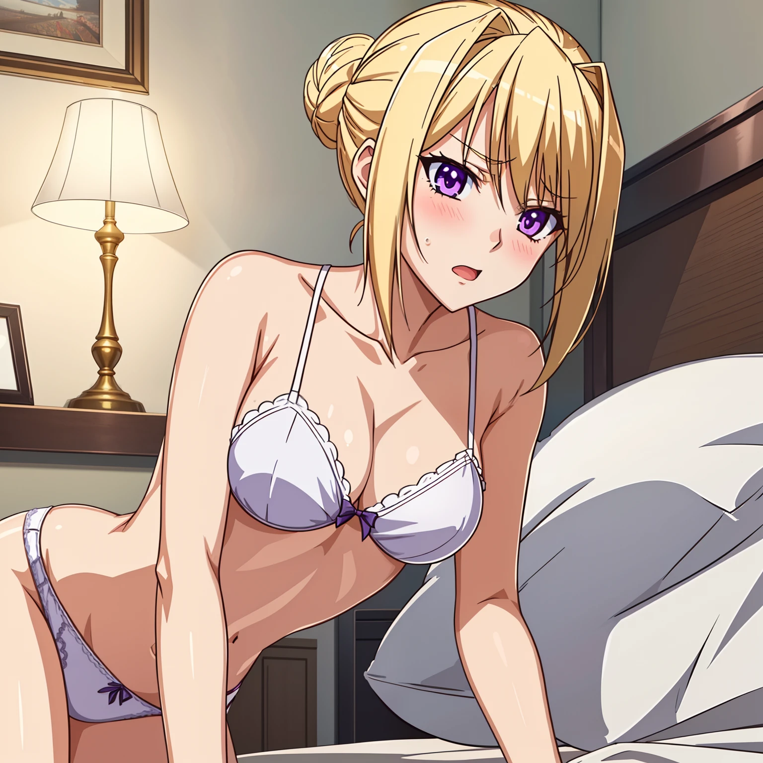 1girl,medium breasts,hotel room,bed,(8k),
,detailed face,blond hair,purple eyes,short hair,embarassed,shy,bun,hair, high_res, high_definition,battlefield,sexy pose,White_Brassier,black_panties,lying,