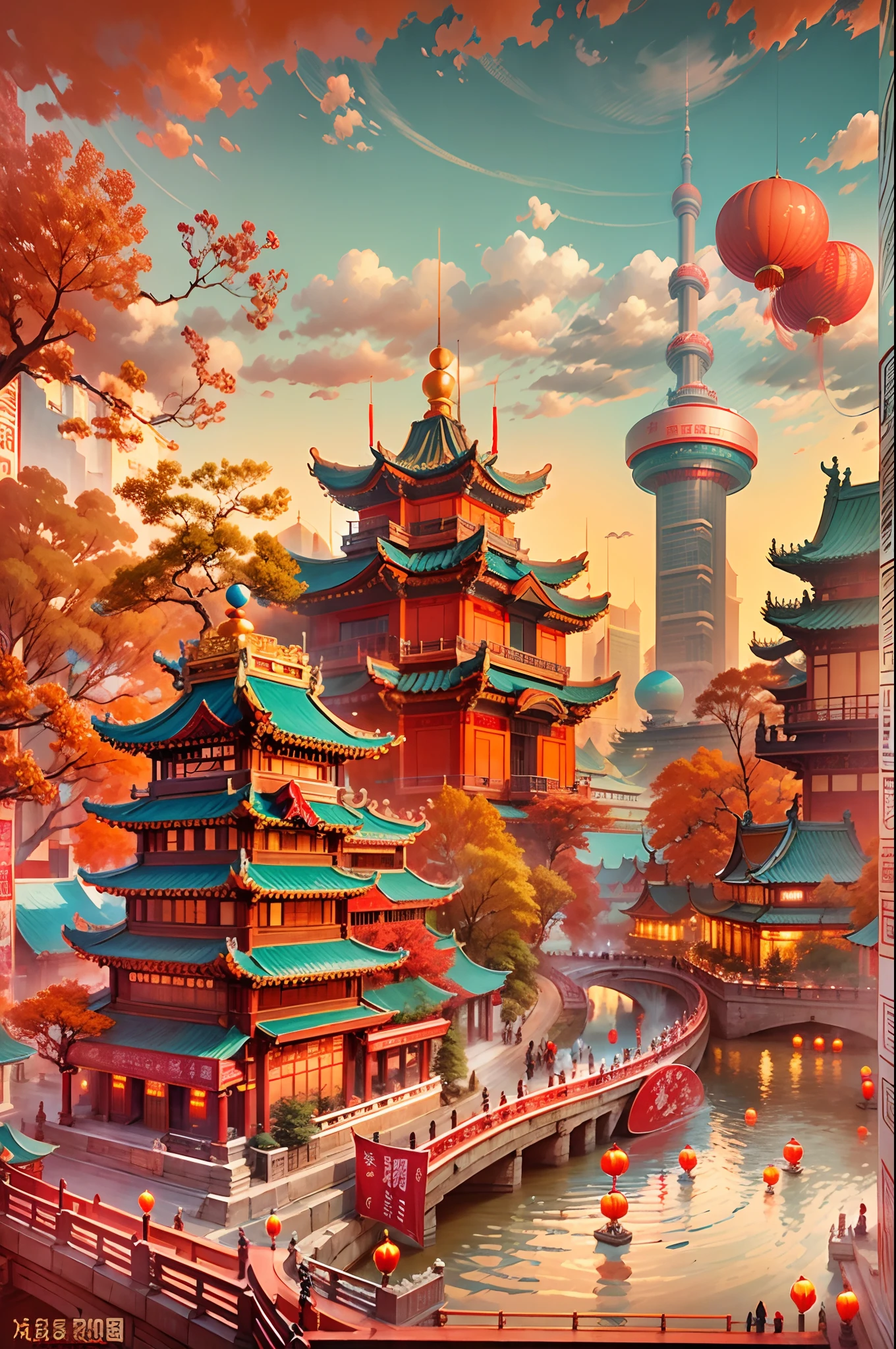 Chinese elements,Chinese people celebrate National Day,Beijing, China,Palace Museum,the great wall,A psychedelic color scheme is adopted,hyper detailed illustration,Light red and sky blue,Imaginary landscapes,Psychedelic cartoons,Landscape scenery and ultra HD images