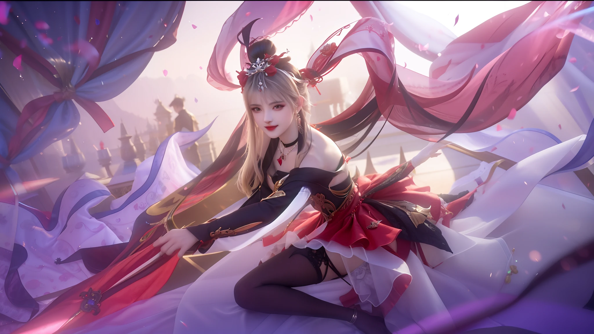 best quality, masterpiece, vampire, fully covered red and black cloths, visible vampire teeth, highres, 1girl,china dress,hair ornament,necklace, jewelry,Beautiful face,upon_body, tyndall effect,photorealistic, dark studio, rim lighting, two tone lighting,(high detailed skin:1.2), 8k uhd, dslr, soft lighting, high quality, volumetric lighting, candid, Photograph, high resolution, 4k, 8k, Bokeh