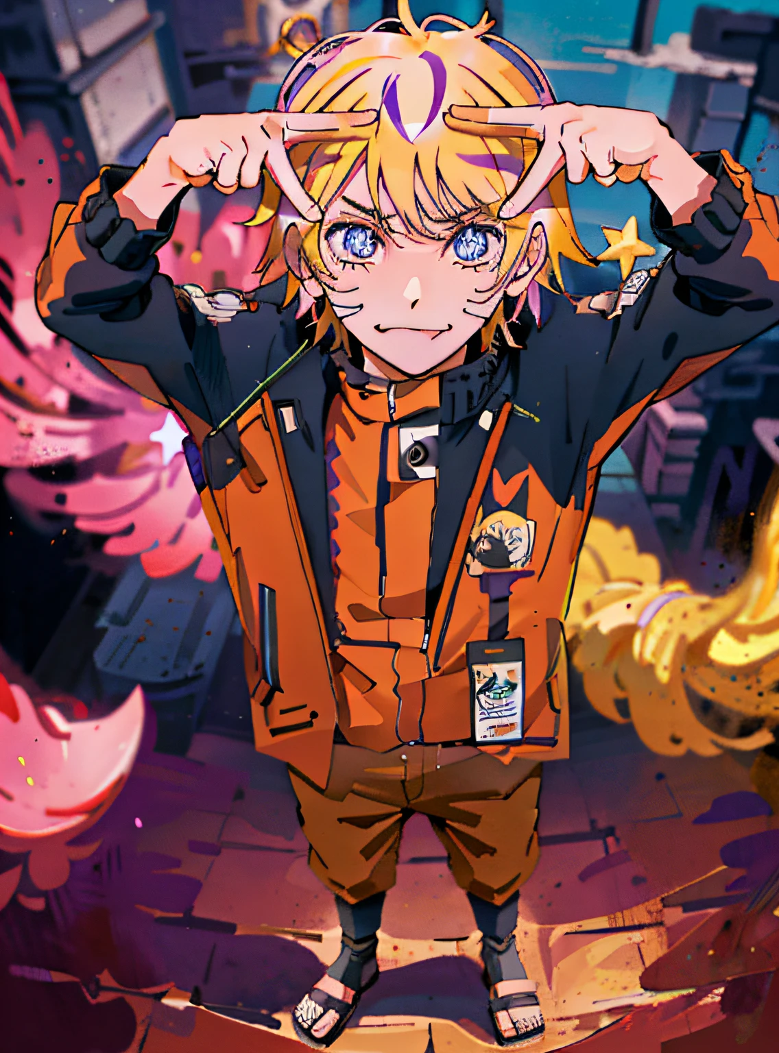 1 boy, full body, cowboy shot,
(Rembrandt), illustration, (masterpiece), (best quality), (ultra_detailed), finely detail, (Depth of field),gloves, tongue out, tongue, yellow hair, star \(symbol\), looking at viewer, (purple hair:1.2), blue eyes, upper body, :p, orange jacket, smile,  shirt, idol, star symbol-shaped pupils, hands up,naruto hair, one side up, star-shaped pupils, arms up, Hoshino AI pose , Hoshino Ai eyes
naruto jacket,
Roaring Twenties, isometric, from above, sky, flower, cliff,