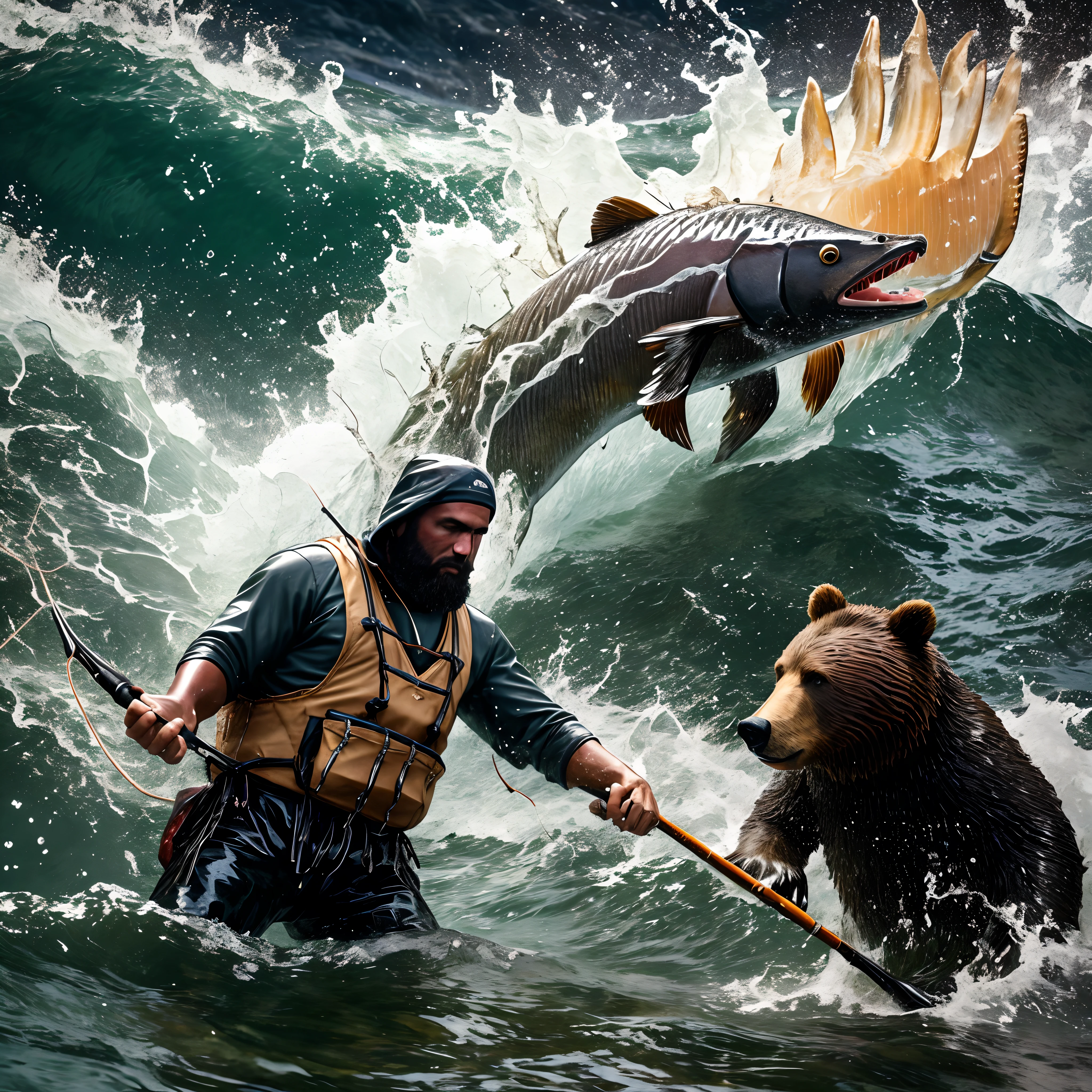 (best quality,alto),A boy fishing for salmon in Alaska, Na margem do rio, um urso gigantesco perseguindo o pescador, Dramatic lighting and intense atmosphere, cores vibrantes, Detailed representation of man's fishing equipment and bear skin, Estilo fotorrealista, sparkling water, movimento poderoso, breathtaking landscapes