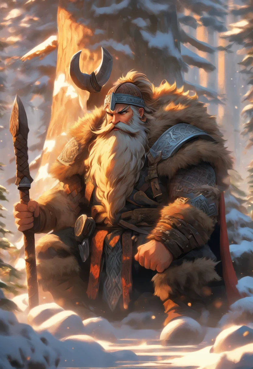 the best quality, very high resolution, 4K detailed CG, masterpiece, Dwarf, Viking dwarf, axe, long beard, serious look, snow, tall trees, blacksmith, Norse mythology, Vikings, beautiful aesthetics, beautiful image, centered on the screen