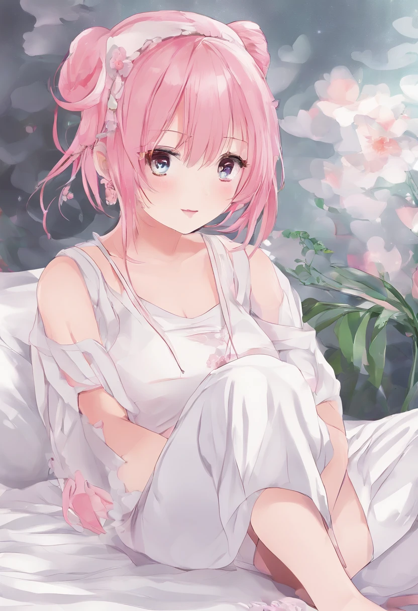 Beautiful illustration，Best quality，cute female child，Bedrooms，with pink hair，dual horsetail，Cute breasts，cheerfulness，underdressing，White bra，pantiess, white  panties,NSFW