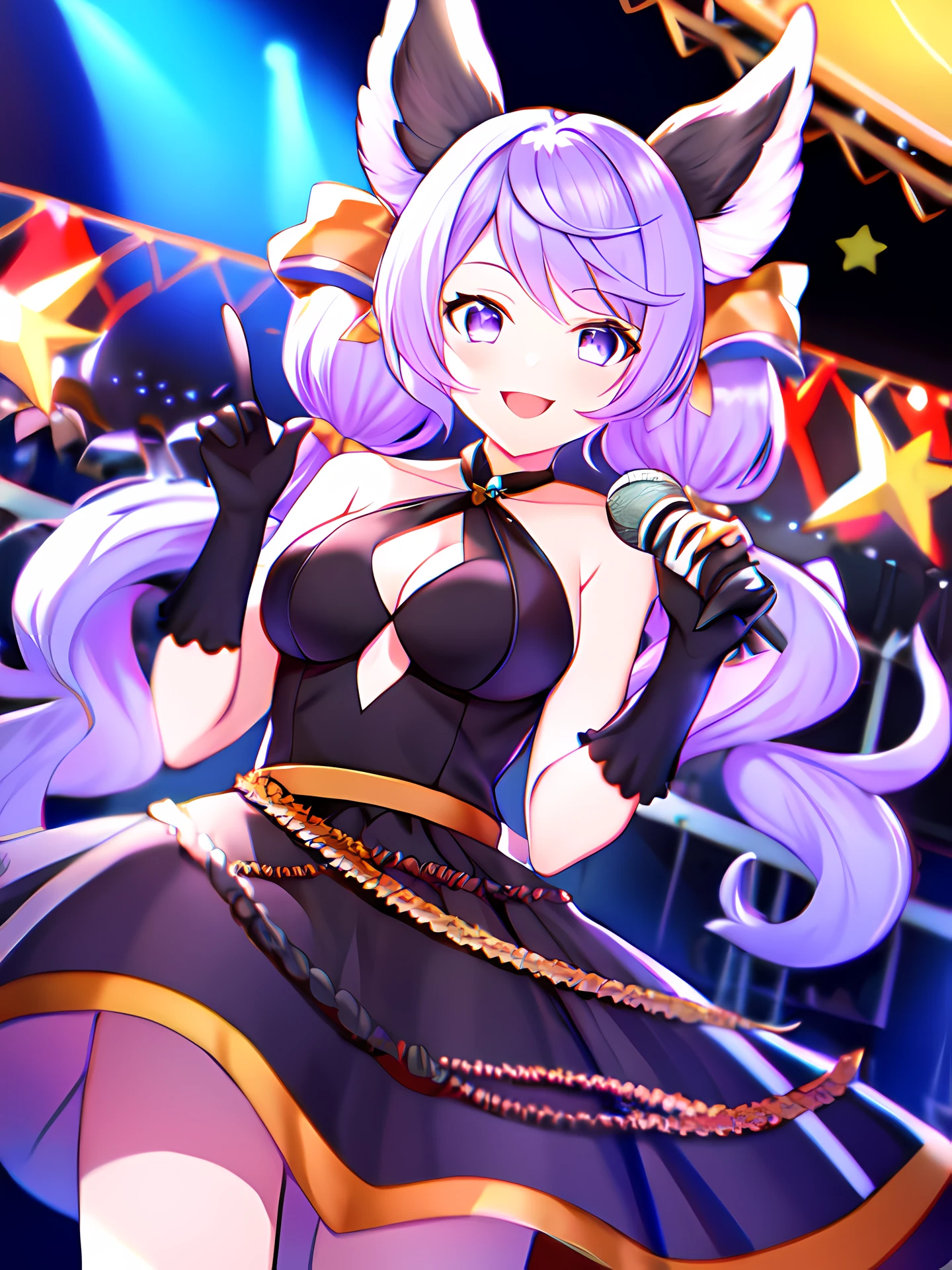 stage, microphone, holding microphone, microphone stand, 
look at viewer, upturned eyes, cheerful face, wink,
extremely slender girl, very short girl, little girl, large breast, medium breast,
satyr , twintails, very long hair, purple eyes, bangs, light purple hair, animal ears,  low twintails, very long hair, hair ornament,   hair ribbon, idol dress, black dress, black skirt, elbow gloves, black gloves, sleeveless, yellow bow,