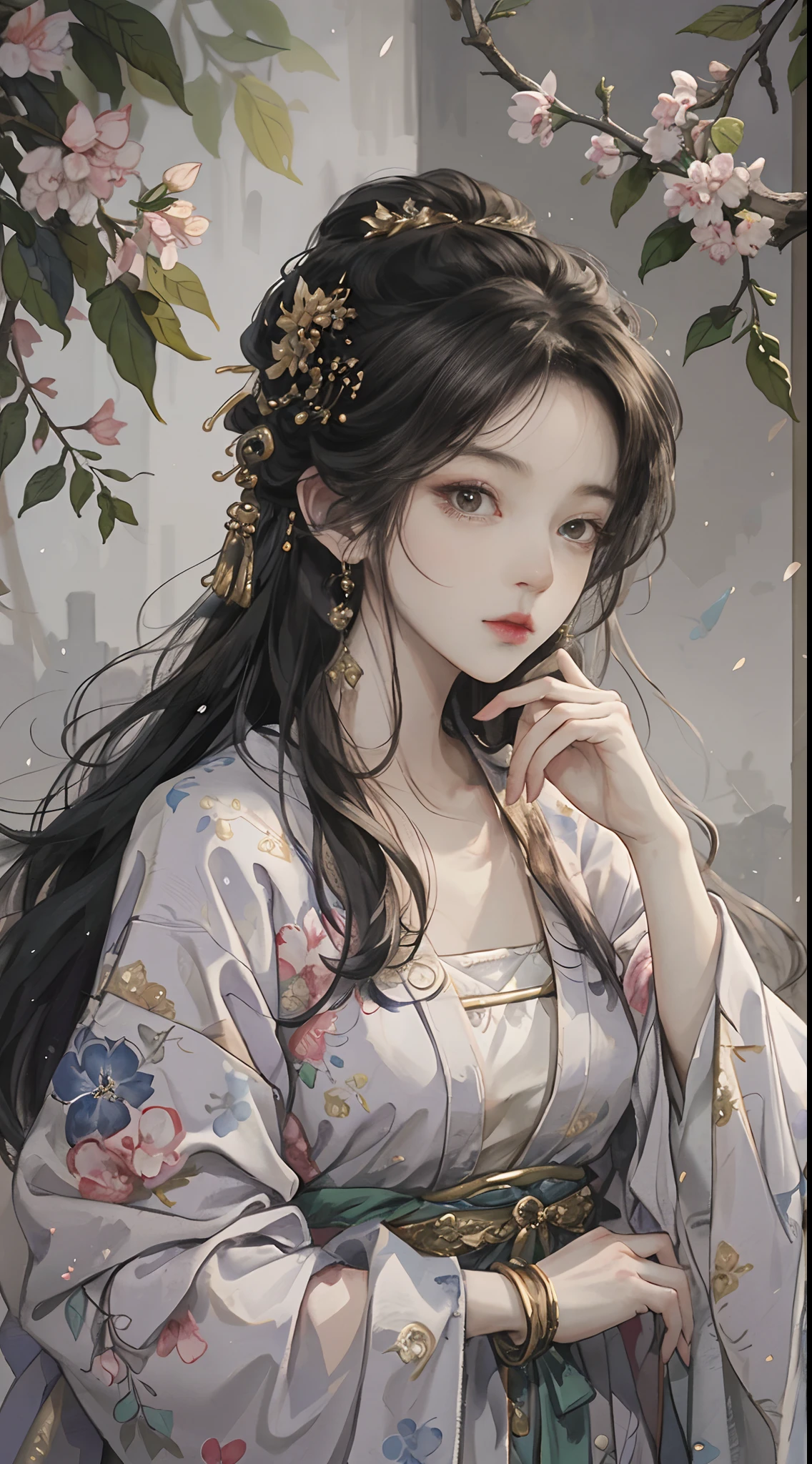 Original,(illustratio:1.1),(best qualtiy),(tmasterpiece:1.1),(the Extremely Detailed CG Unity 8K Wallpapers),(a color:1.2),1 God of lilacs,goddes,,ancient costume,Hanfu,best qualtiy,Extremely detailed jewelry,Plum petals,scenecy,rios|Wagas,
