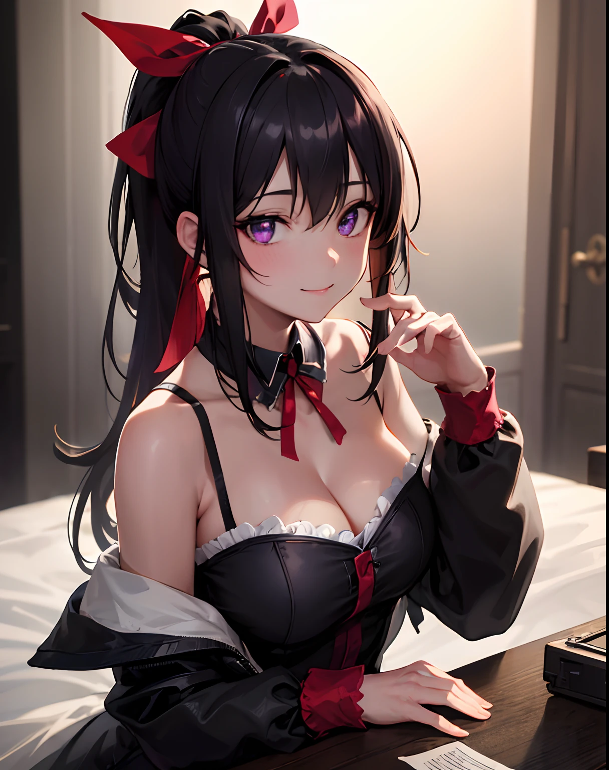 best quality, masterpiece, highres tyndall effect,photorealistic, dark studio, rim lighting, two tone lighting,(high detailed skin:1.2), 8k uhd, dslr, soft lighting, high quality, volumetric lighting, candid, Photograph, high resolution, 4k, 8k, 1girl , black hair , blush , cleavage , closed mouth , hair ornament , hair ribbon , hand up , large breasts , long hair , long sleeves , looking at viewer , ponytail , purple eyes , red ribbon , smile , upper body