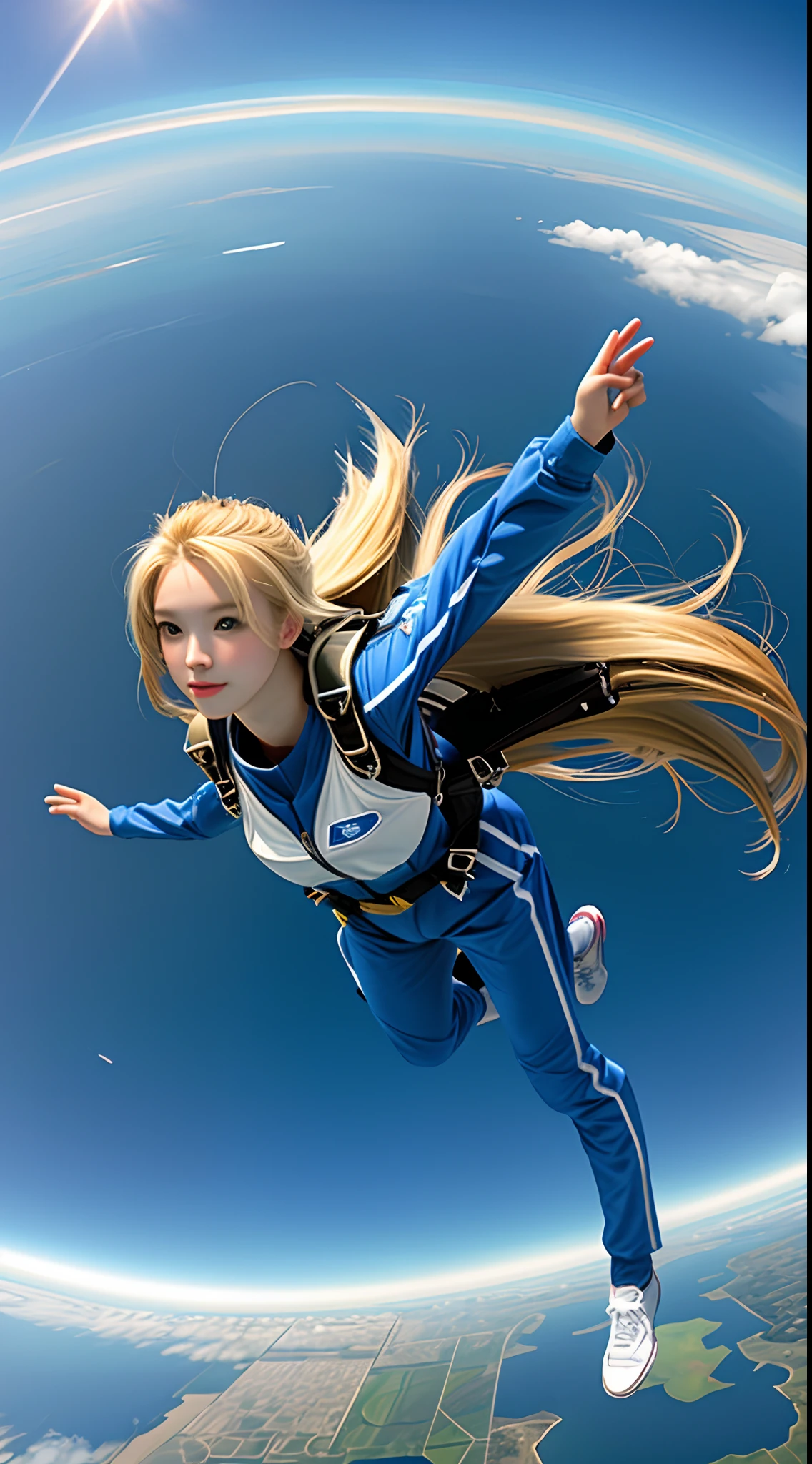 Masterpiece, best quality, 1 girl, solo, blonde long hair, skydiving, modern, extremely detailed, skydiving pose