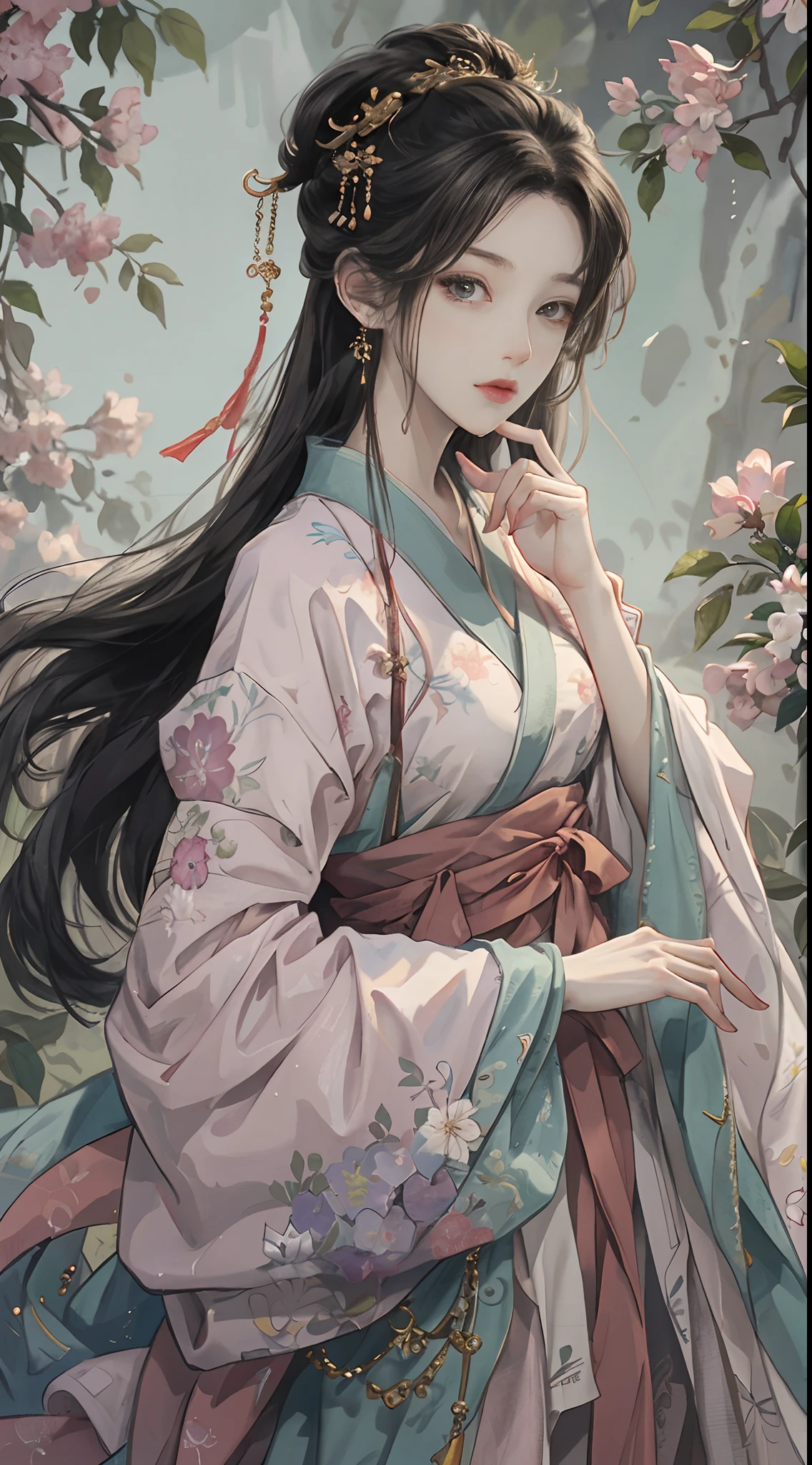 Original，（illustratio：1.1），（best qualtiy），（tmasterpiece：1.1），（the Extremely Detailed CG Unity 8K Wallpapers），（a color：1.2），1 God of lilacs，goddes，，ancient costume，Hanfu，best qualtiy，Extremely detailed jewelry，Plum petals，scenecy，rios|Wagas，