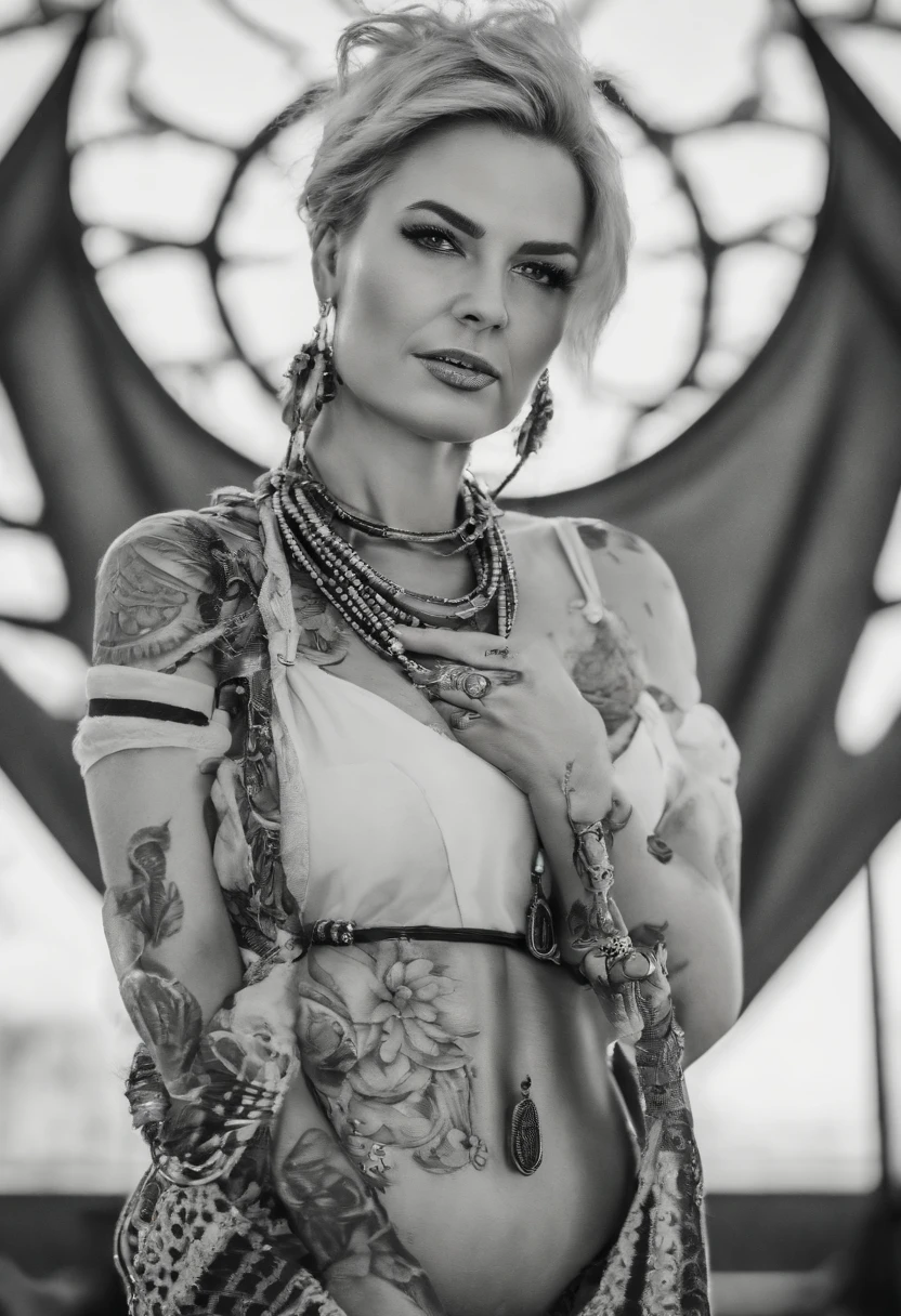 Um personagem estilo borderlands, tatuagem brilhante, siren, casaco, Fundo de Borderlands, longos cabelos brancos