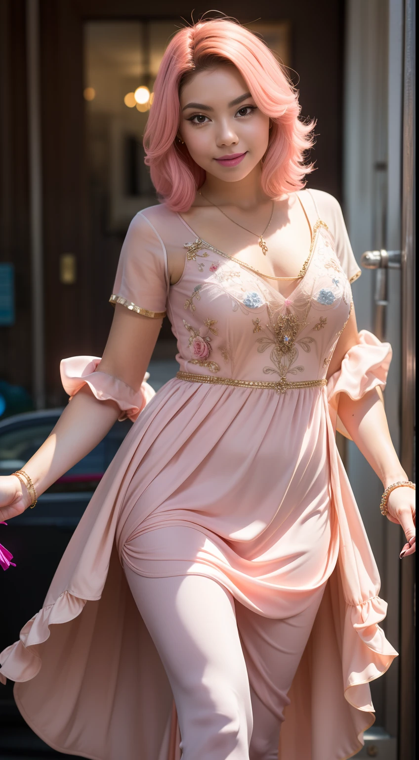 masterpiece, best quality, (extremely detailed CG unity 8k wallpaper, masterpiece, best quality, ultra-detailed, best shadow), (detailed background), (beautiful detailed face, beautiful detailed eyes), High contrast, (best illumination, an extremely delicate and beautiful),(girl:1.5),((pink hair woman nightgown skating)), ((caustic, sexy, charming, seductive)), hand hold a kawaii balloon, ((impossible dress)), dynamic angle,beautiful detailed glow,full body, cowboy shot