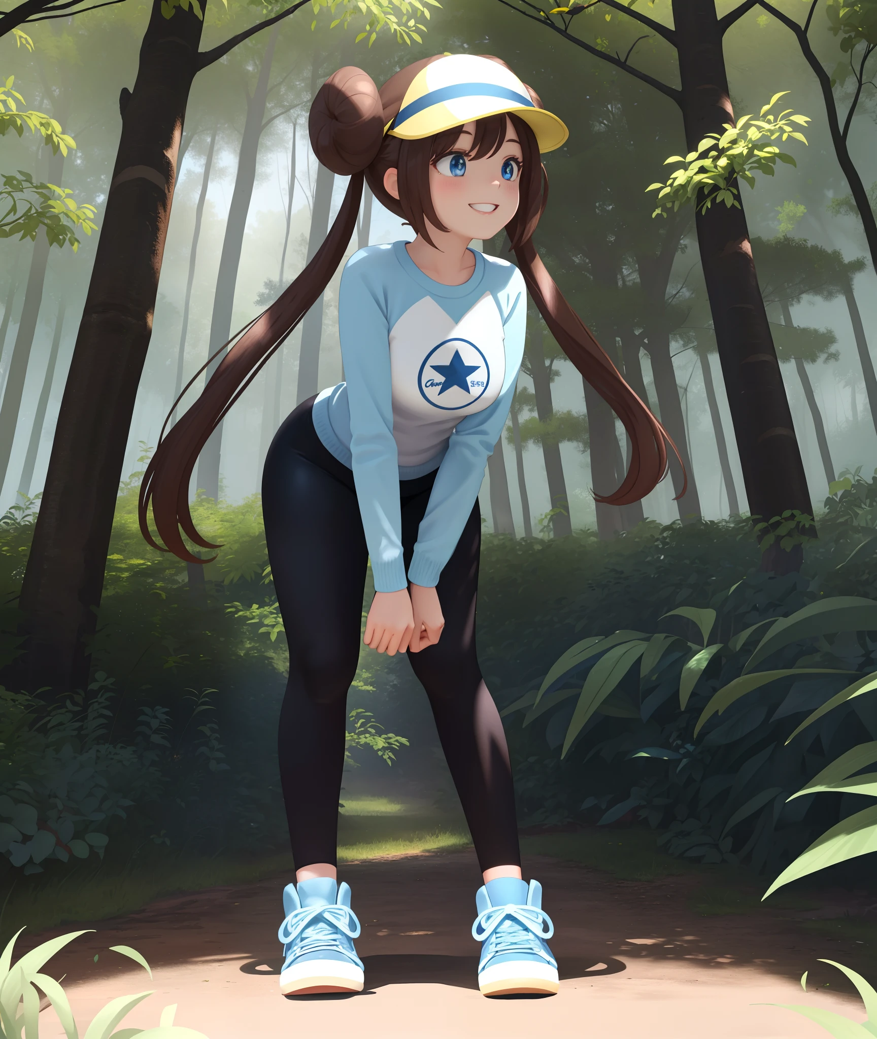 [Rosa_(Pokemon)], ((masterpiece)), ((high quality)), ((HD)), ((detailed shading)), ((beautiful solo portrait)), ((full body)), ((front view)), ((anime)), {attractive woman, brown hair, long twin tails, 2 hair buns, (beautiful blue eyes), beautiful thighs, gorgeous hips, beautiful lips, (excited smile), (white teeth)}, {(yellow long sleeve sweater), (blue sleeves), (black spandex yoga pants), (blue converse sneakers), (yellow laces), (white visor with pink brim)}, {(standing), (bending over), (hands on knees), (looking ahead)}, [background; (park), (trees), (trees), (sun rays through trees)]