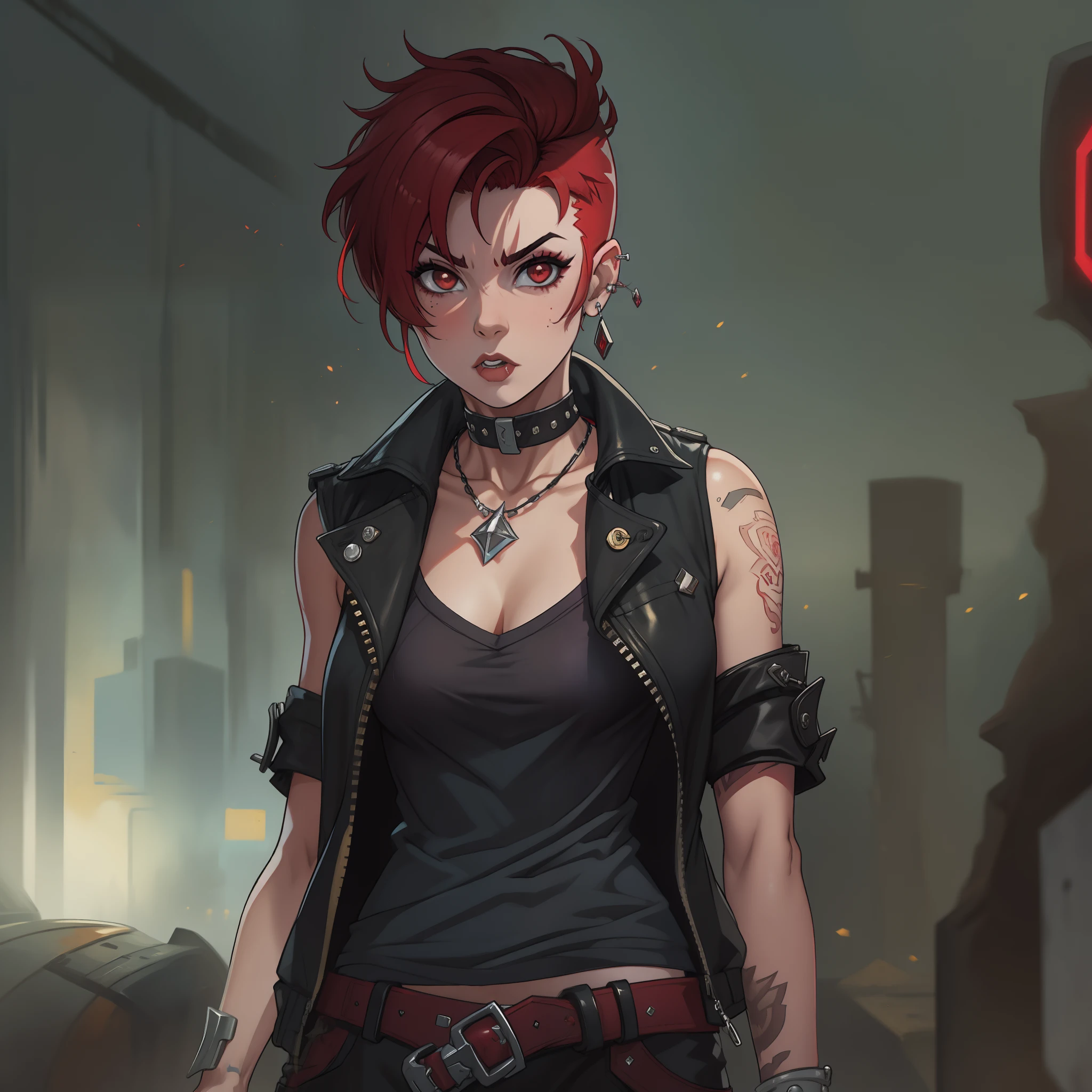 female with short shaved dark red hair, villain, wearing casual punk clothing, has lower lip stud piercings