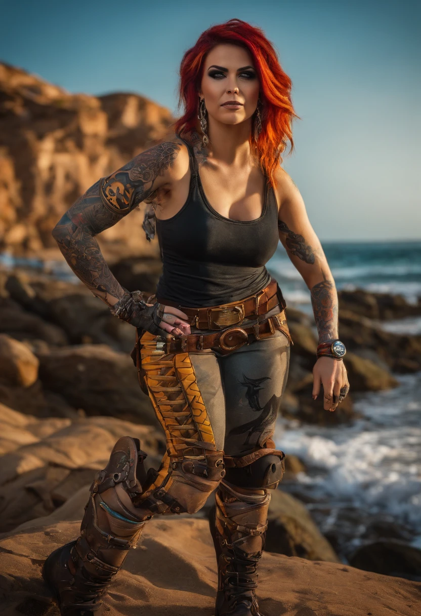Um personagem estilo borderlands, tatuagem brilhante, siren, casaco, Fundo de Borderlands, longos cabelos brancos