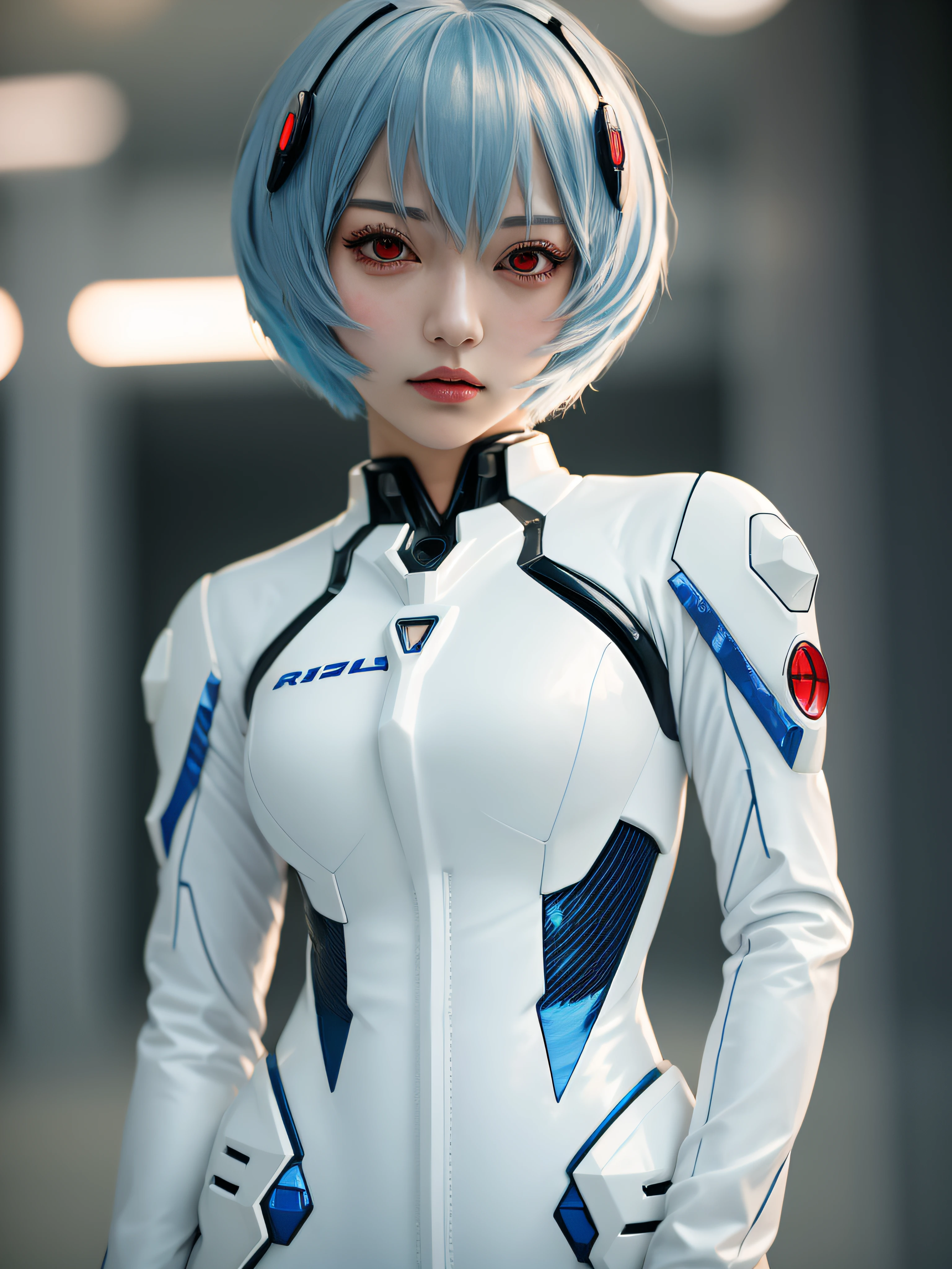 1girl, solo, photography, portrait of reiayanami girl wear white suit in sci-fi hanggar, bokeh, realistic, absurdes, detailed,