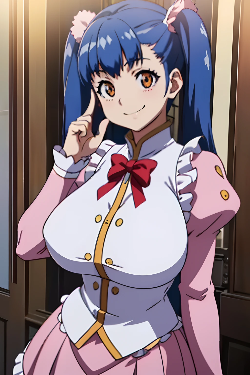 best quality, high resolution, blue hair, orange eyes, twin tail, fang, tuile_(gravion), two side up, 1girl, beautiful face blush, closed mouth, wavy mouth, huge breasts, sitting, from above, (from side:0.8)