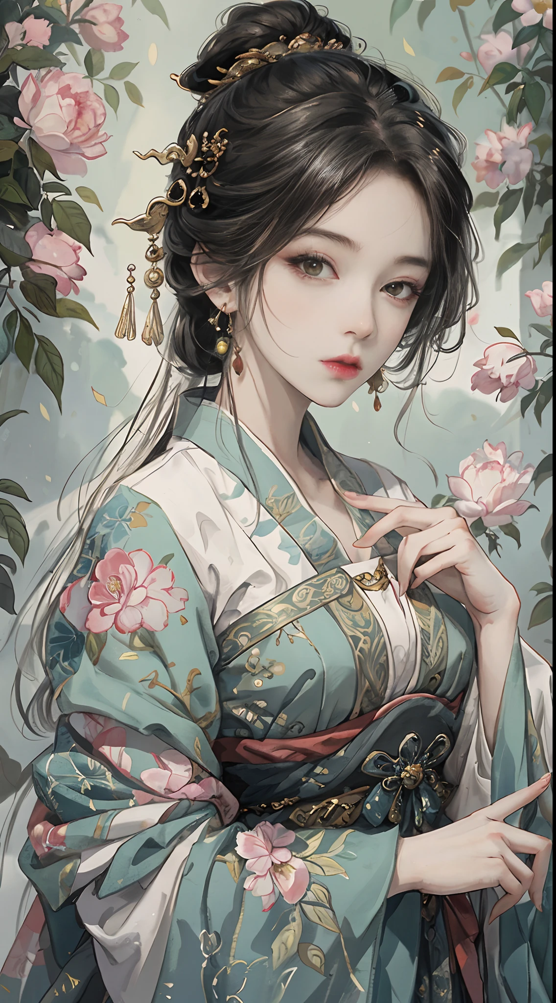 Original，（illustratio：1.1），（best qualtiy），（tmasterpiece：1.1），（the Extremely Detailed CG Unity 8K Wallpapers），（a color：1.2），1 God of roses，goddes，，ancient costume，Hanfu，best qualtiy，Extremely detailed jewelry，Plum petals，scenecy，rios|Wagas，