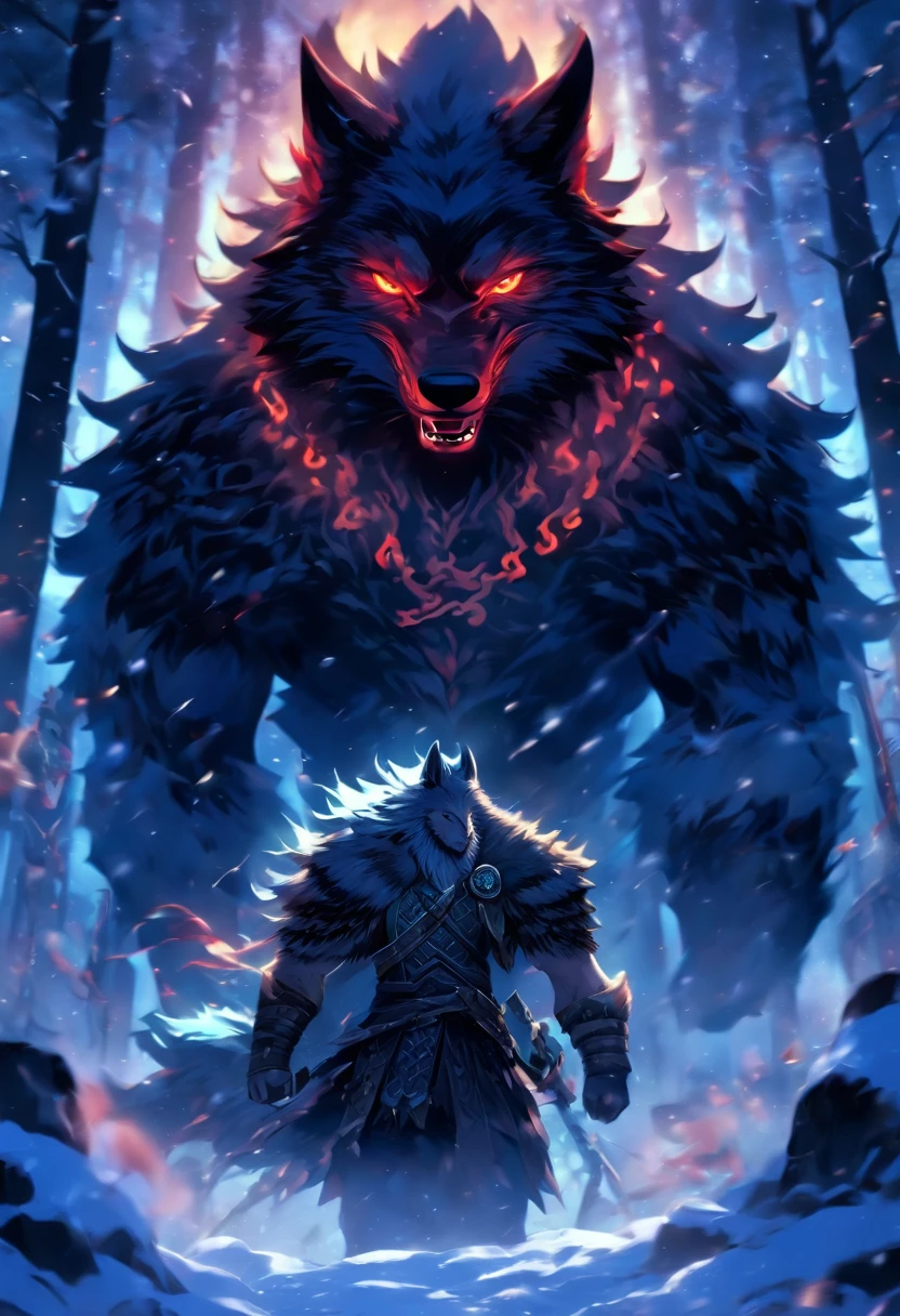 best quality, very high resolution, 4K detailed CG, master piece, Fenrir, Direwolf, Ragnarok, wolf, Chains, angry glare, snow, Tall trees, fire, drooling, Norse mythology, Vikings, beautiful aesthetics, Beautiful image, centered on the screen